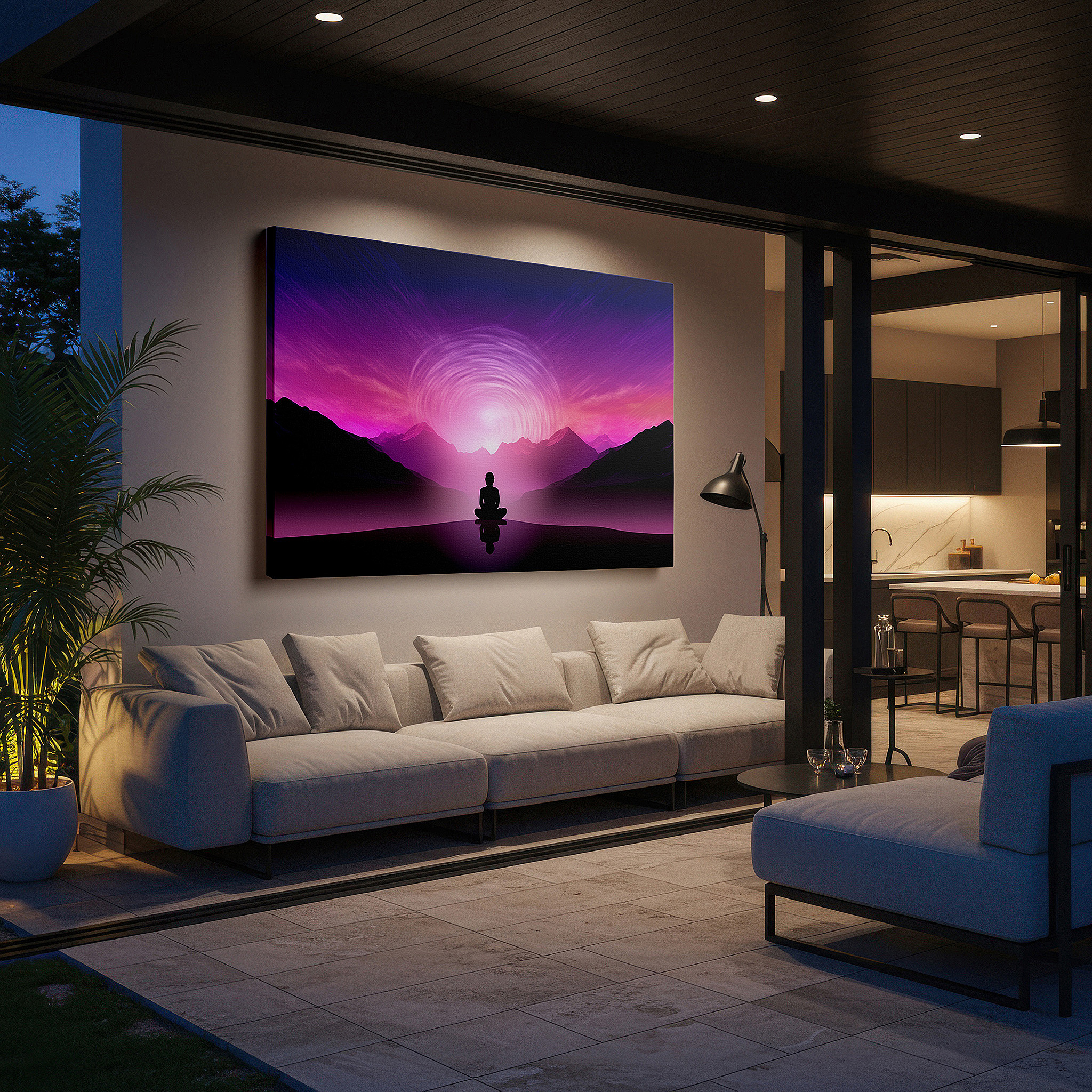 Positioned above a console table between ceramic vases — spiritual reflection and dynamic energy in abstract mountain vistas: meditative solitude large wall art, canvas wall art, wall decor
