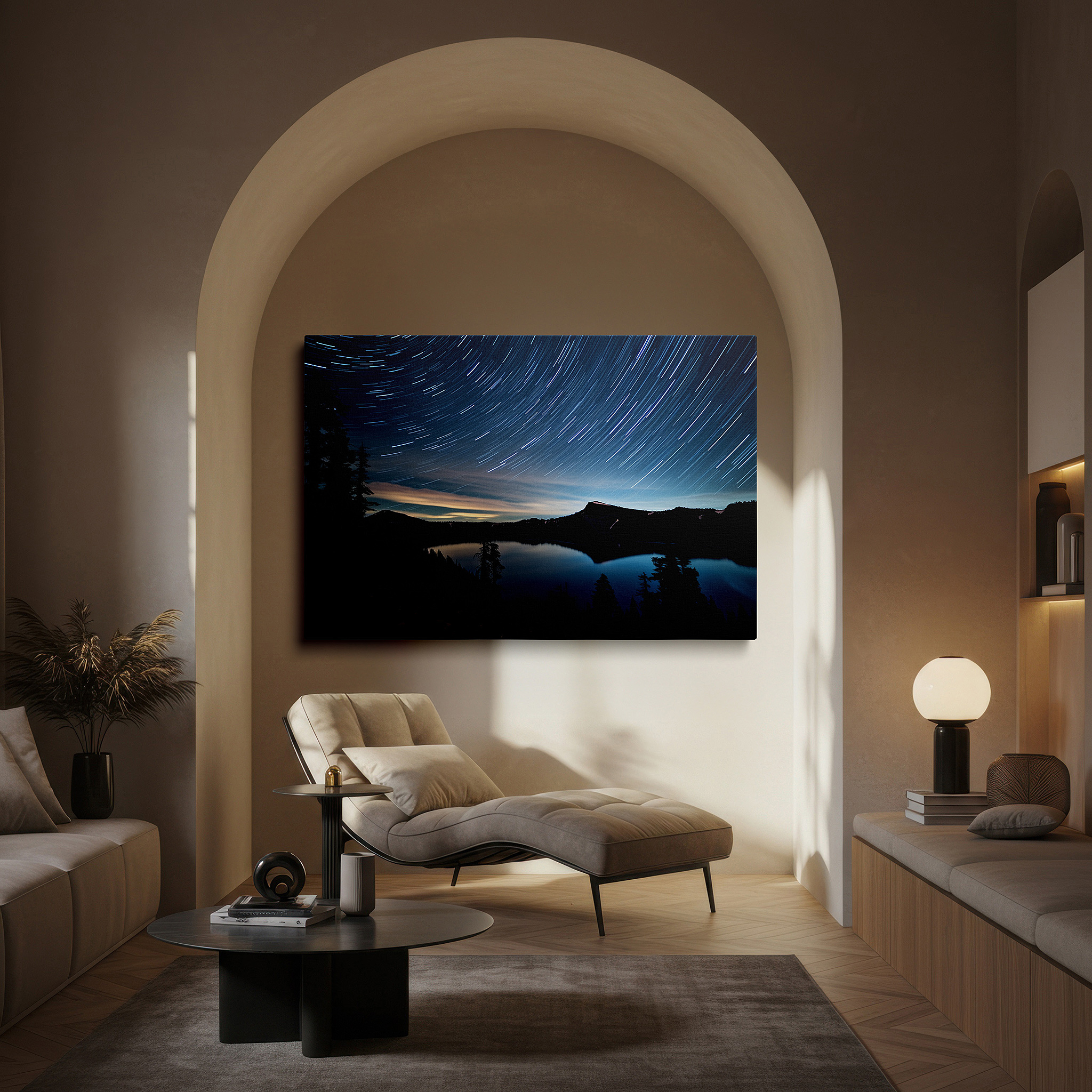 Positioned above a console table between ceramic vases — star trails above serene lake with pine tree silhouettes - large canvas wall art for office, bedroom, and living room decor