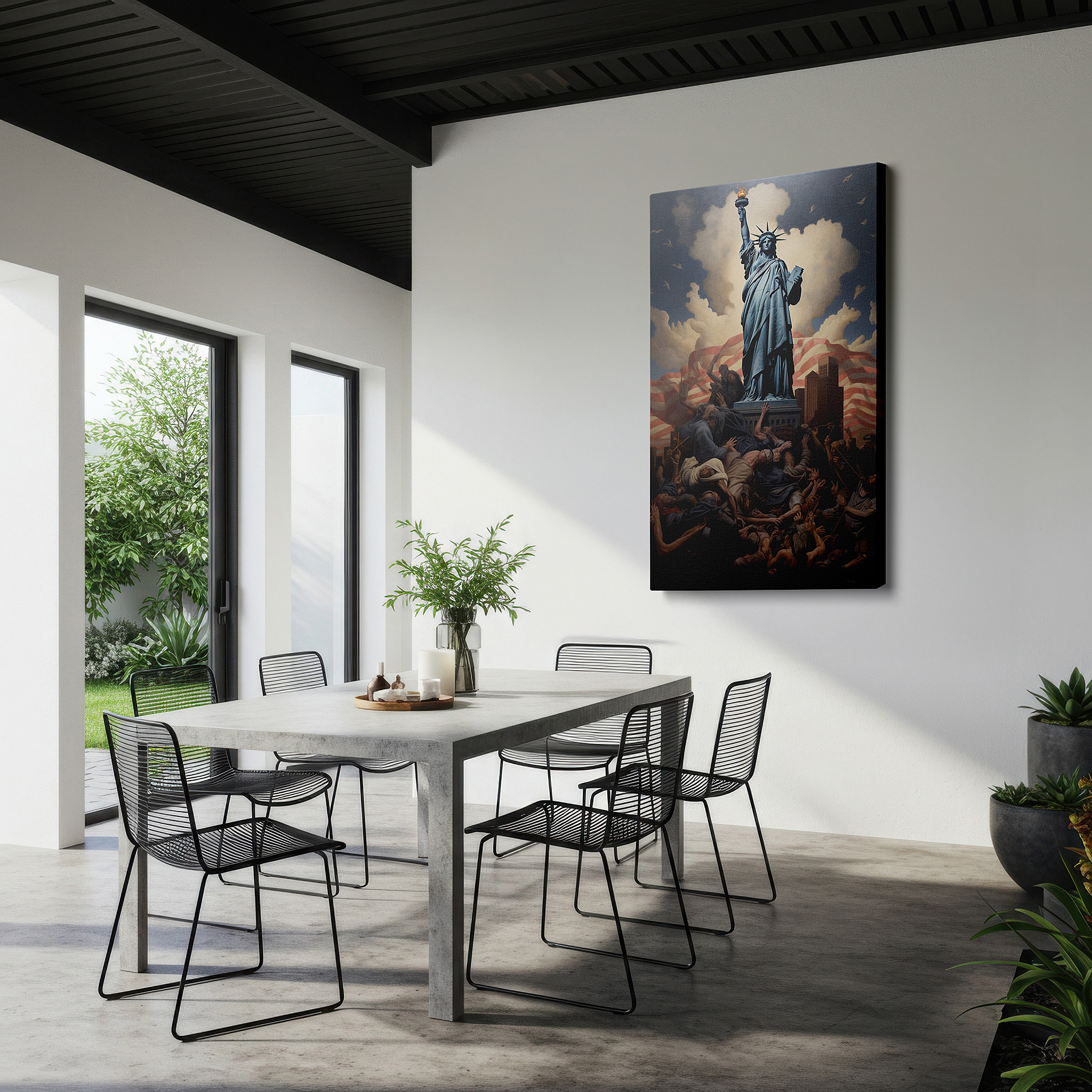 Positioned above a console table between ceramic vases — statue of liberty: a beacon of hope amidst stormy skies - large canvas wall art for office, bedroom, and living room decor