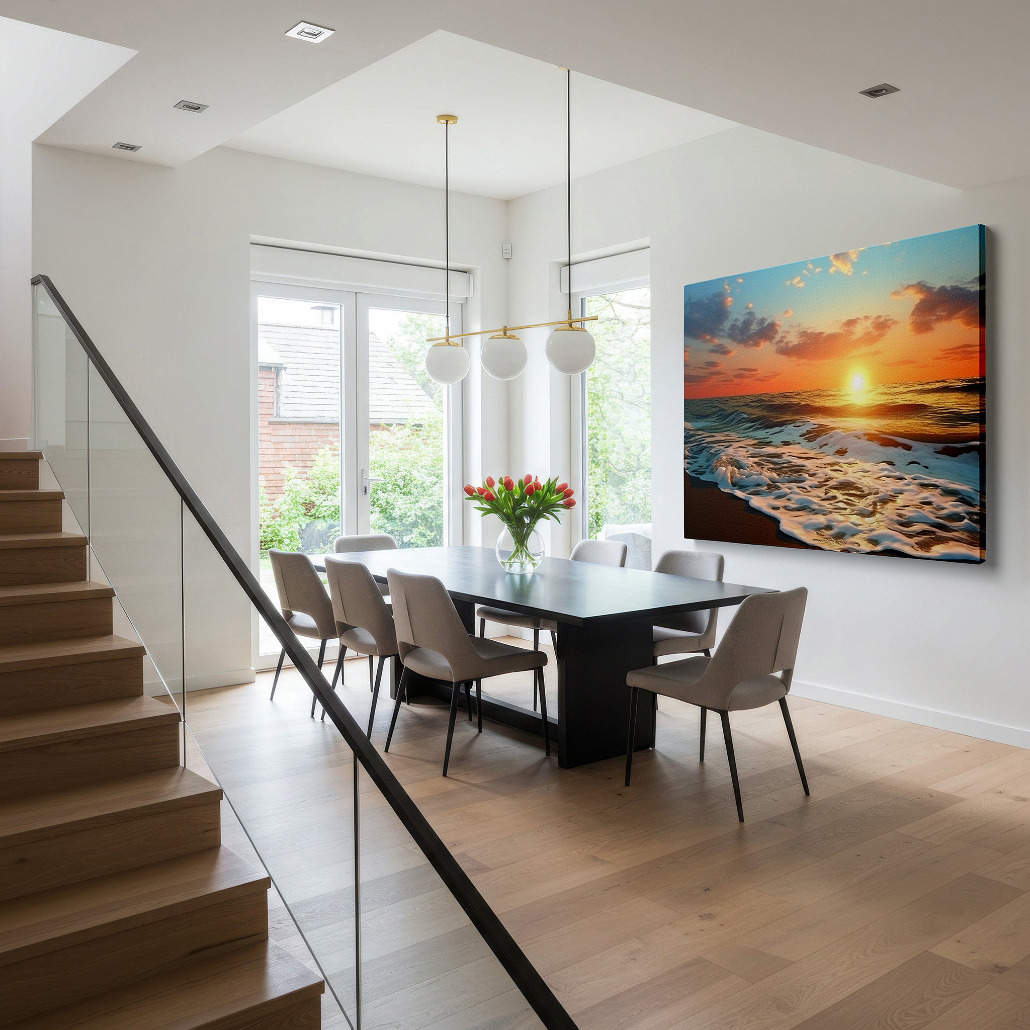 Positioned above a console table between ceramic vases — sunset serenity over the ocean - a peaceful mix of fiery skies and soothing waves large wall art, canvas wall art, wall decor, office wall art