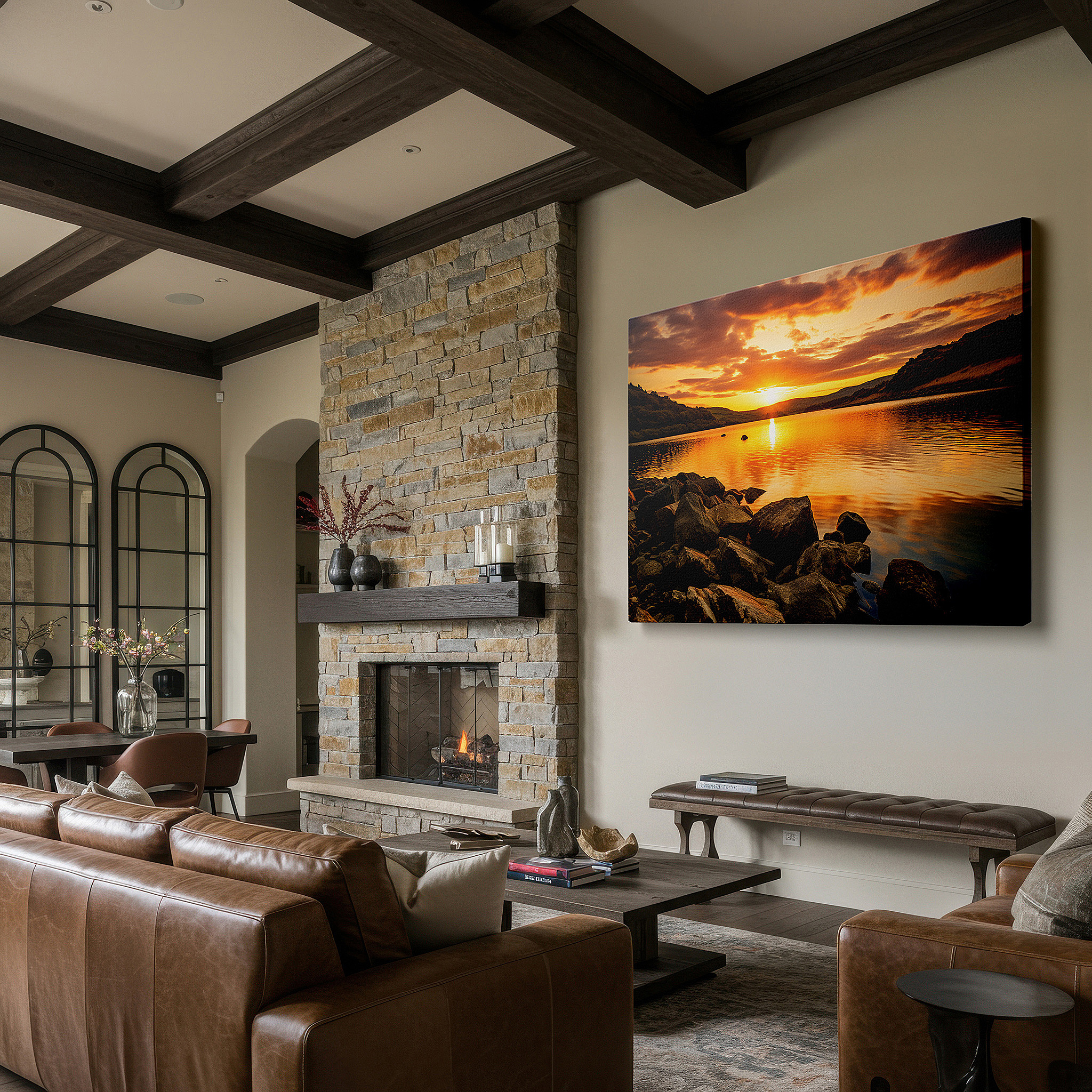 Positioned above a console table between ceramic vases — sunset over tranquil lake - serene nature reflections large wall art, canvas wall art, wall decor for office and bedroom