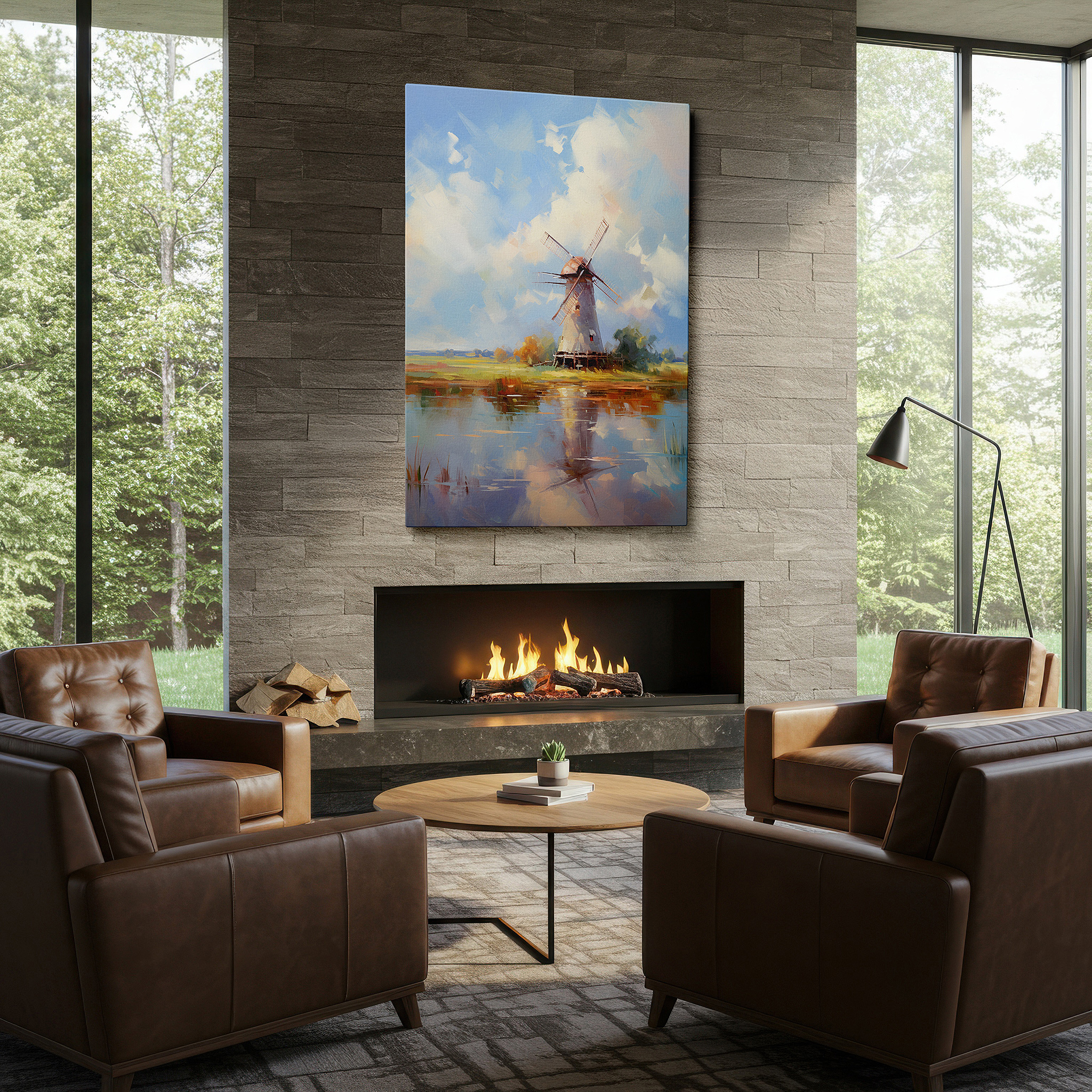 Positioned above a console table between ceramic vases — traditional windmill by tranquil waters amidst pastoral serenity - large canvas wall art for office and bedroom decor