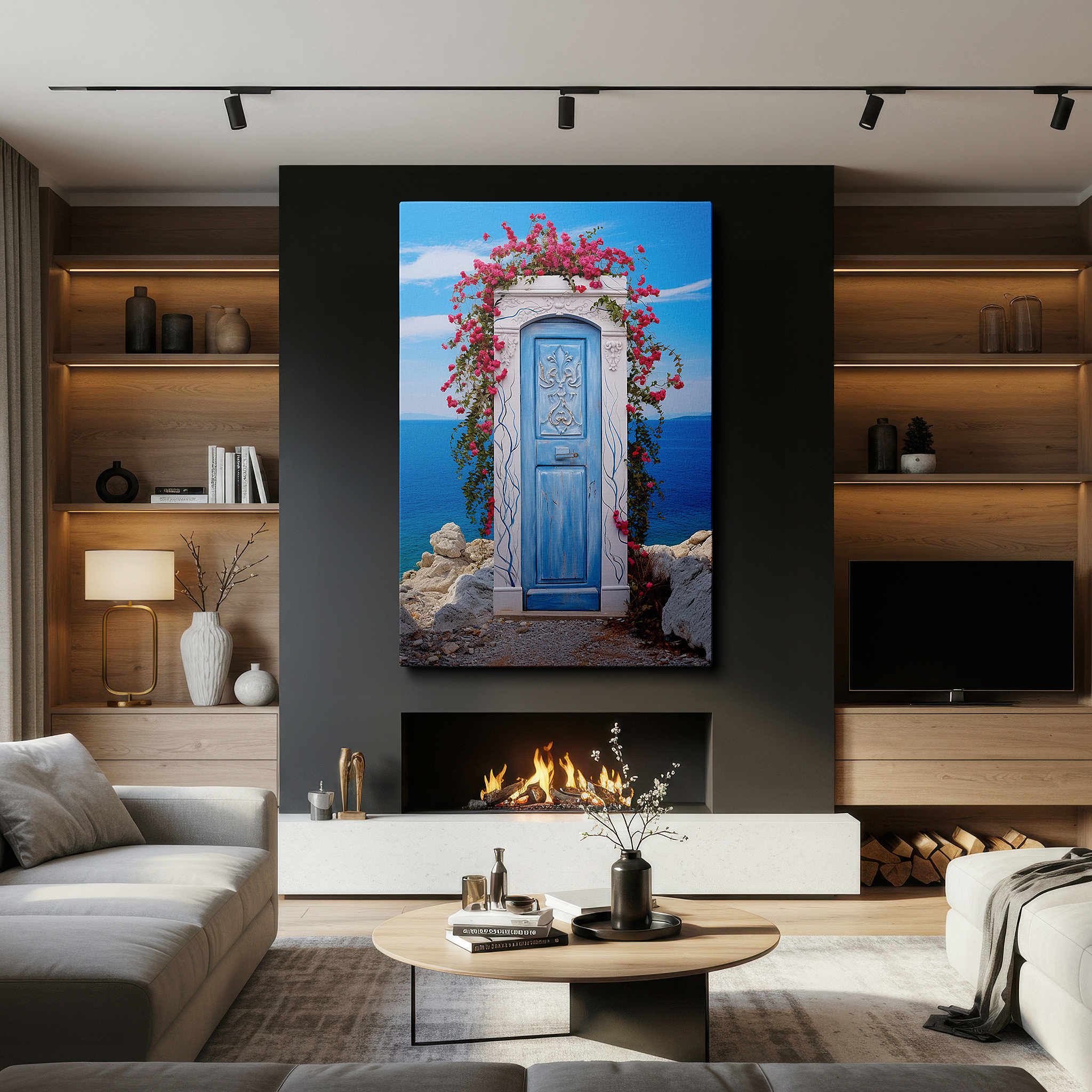 Positioned above a console table between ceramic vases — tranquil doorway canvas with vibrant flowers and ocean views - large wall art for living room, bedroom, or office decor