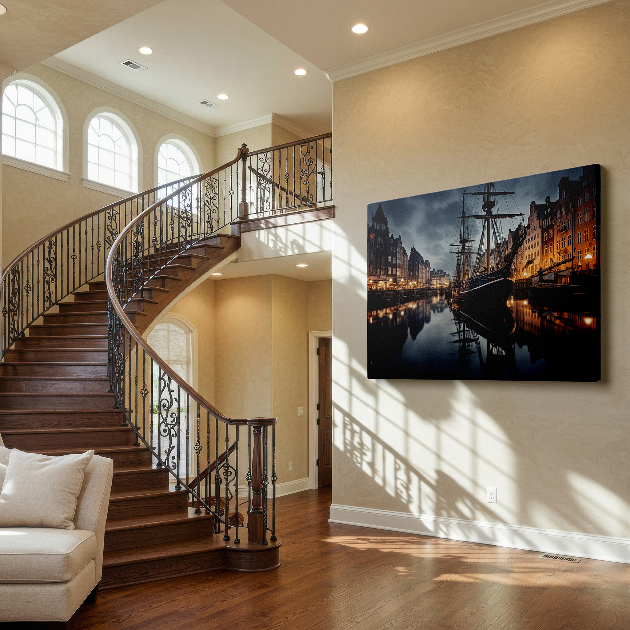 Positioned above a console table between ceramic vases — tranquil harbor at dusk: majestic ship and historical elegance - large canvas wall art for office, bedroom, and living room decor