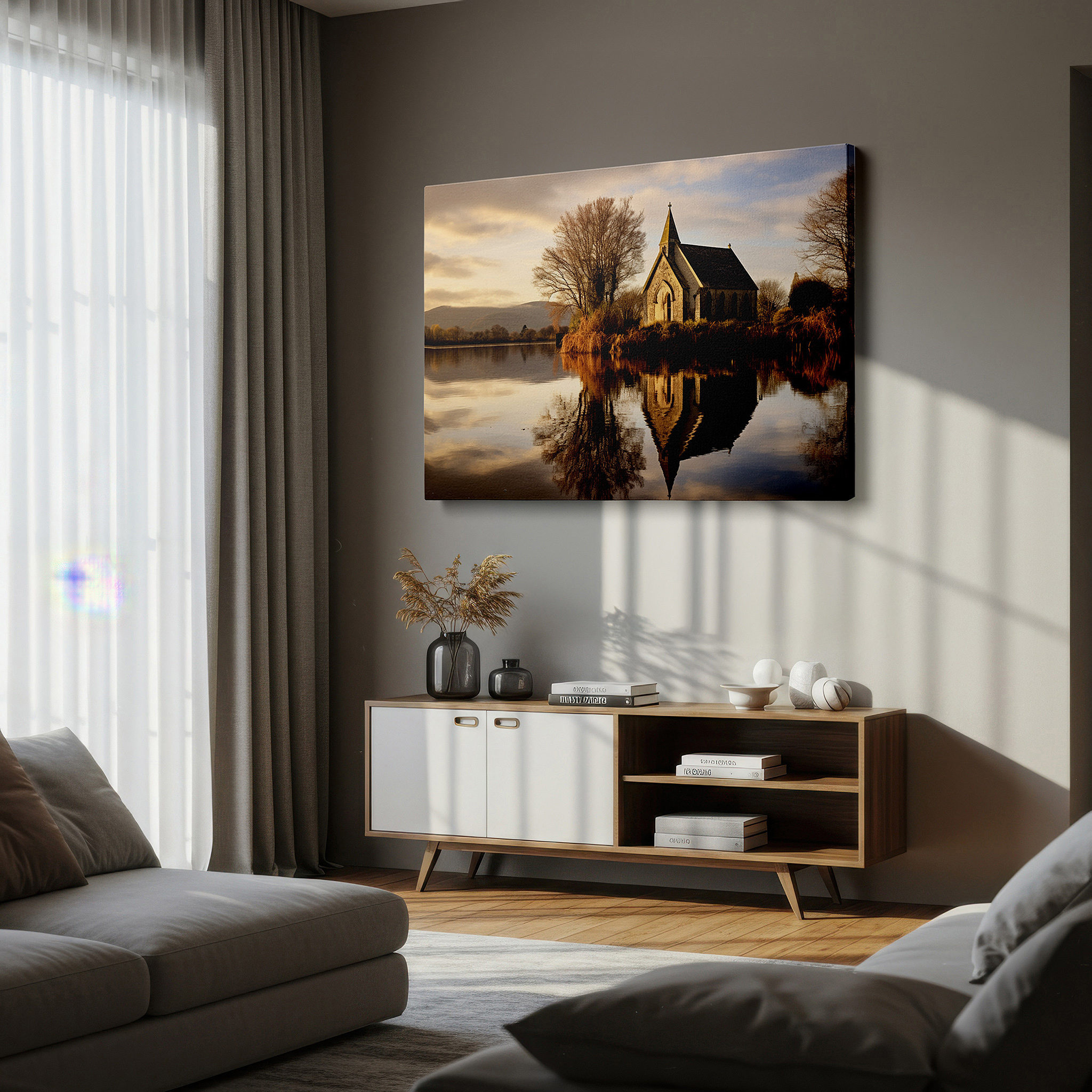 Positioned above a console table between ceramic vases — tranquil lake and serene church reflections evening hues large canvas wall art for office and bedroom decor
