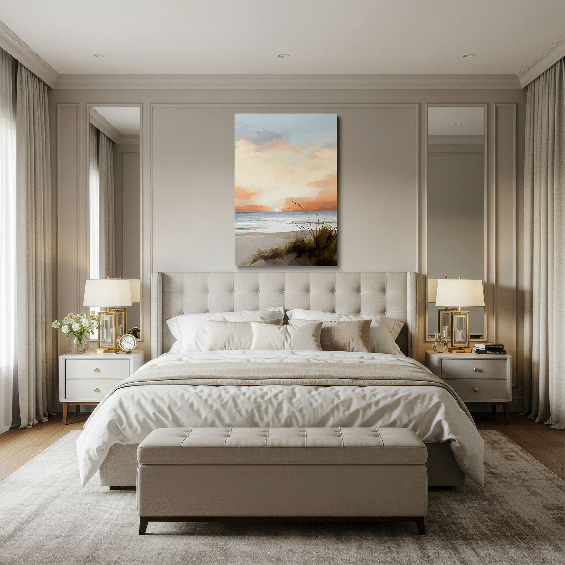 Positioned above a console table between ceramic vases — tranquil sunset at a secluded beach wall art: vibrant colors for a serene escape - large canvas art for home and office decor