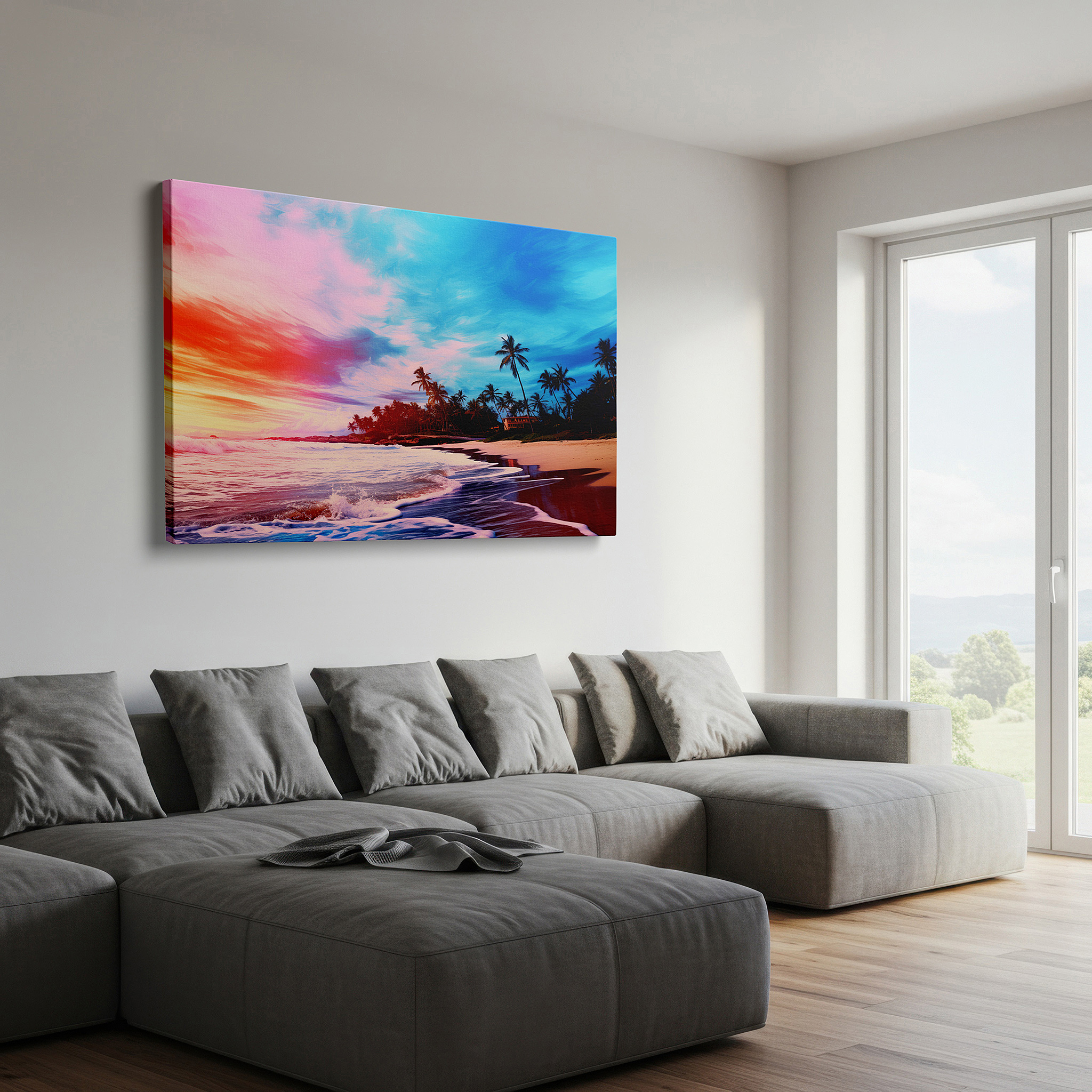Positioned above a console table between ceramic vases — tropical sunset serenity: large canvas wall art featuring lush palms and fiery skies for office, bedroom, and living room decor