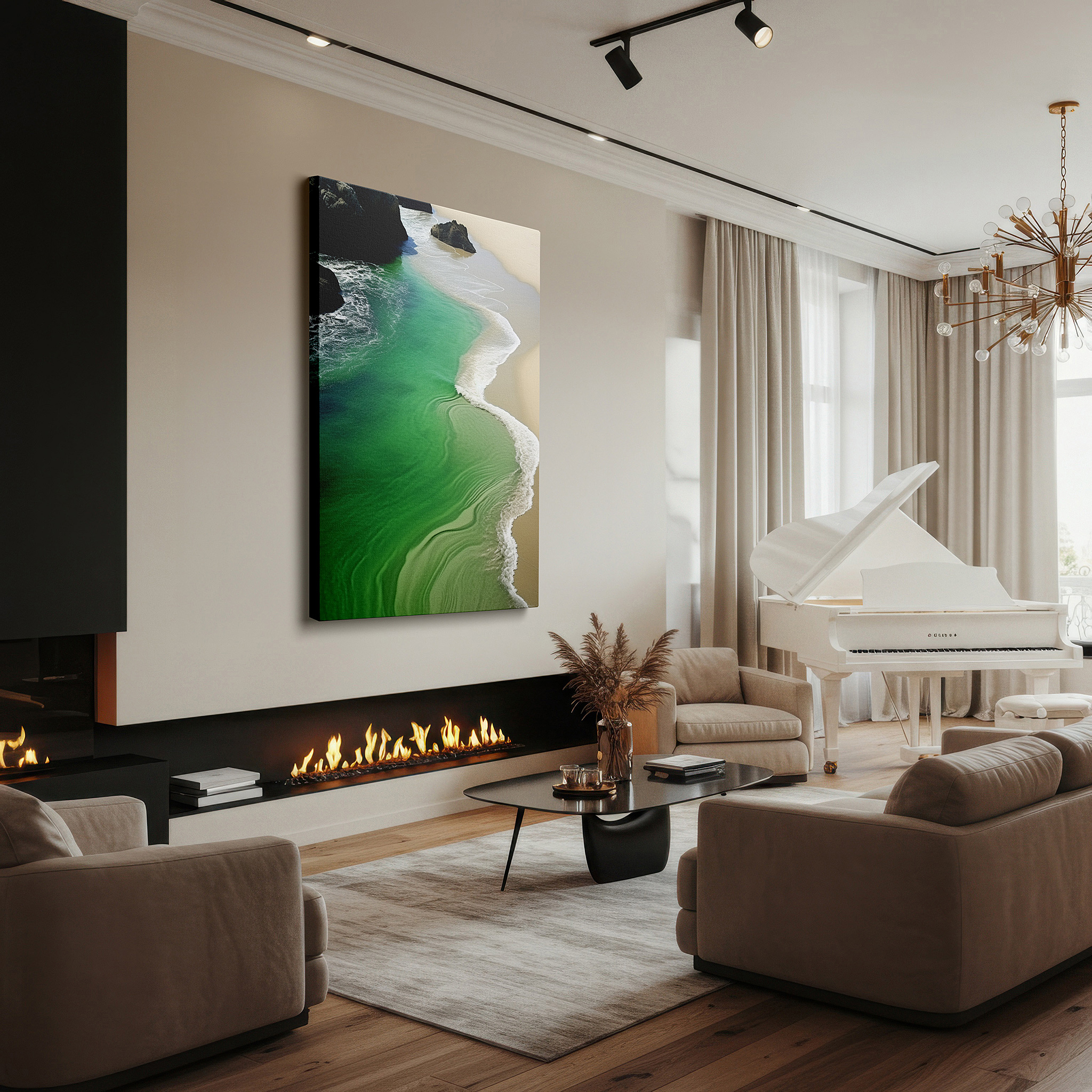 Positioned above a console table between ceramic vases — turquoise waves and sandy shores beneath a golden sky: large canvas wall art for office, bedroom, and living room decor