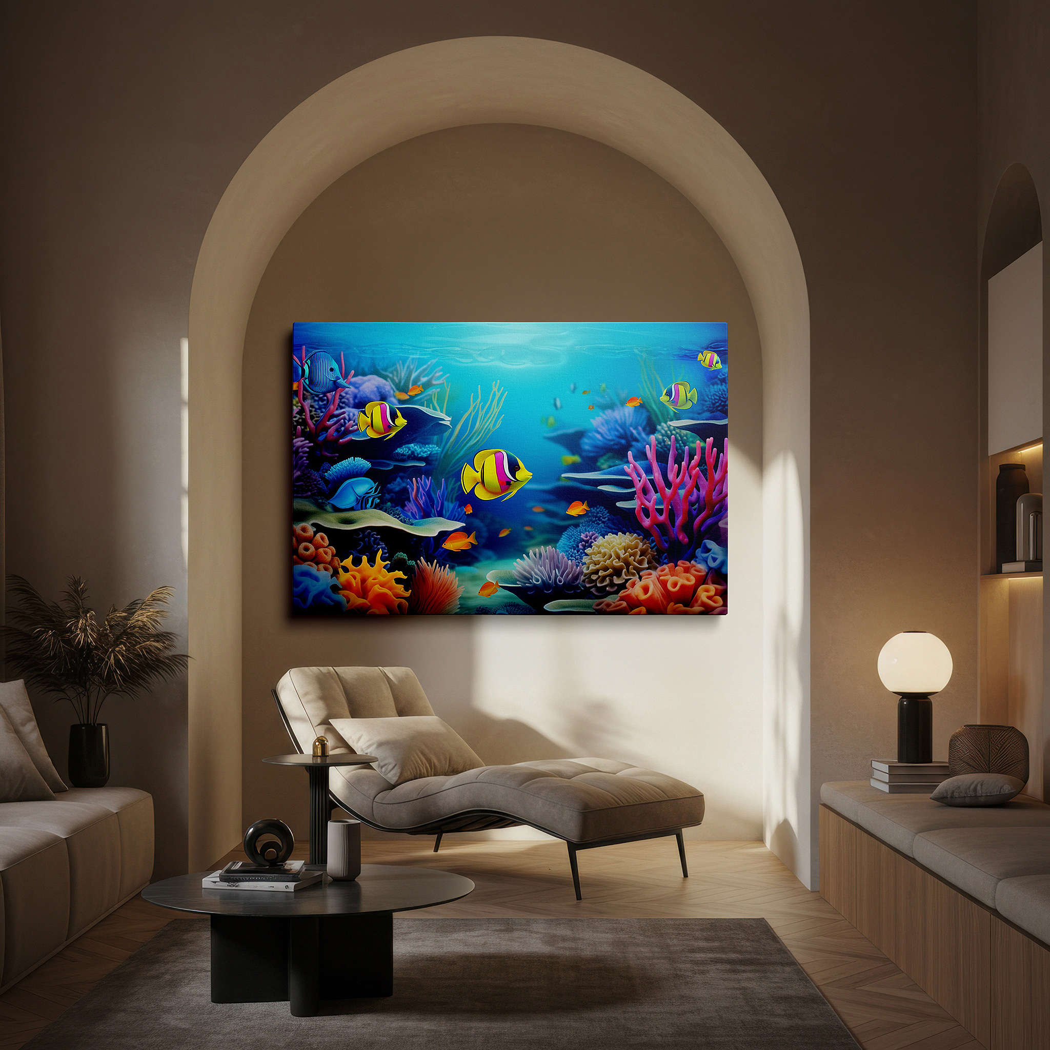 Positioned above a console table between ceramic vases — underwater paradise: vibrant coral reef and tropical fish large canvas wall art for home and office decor