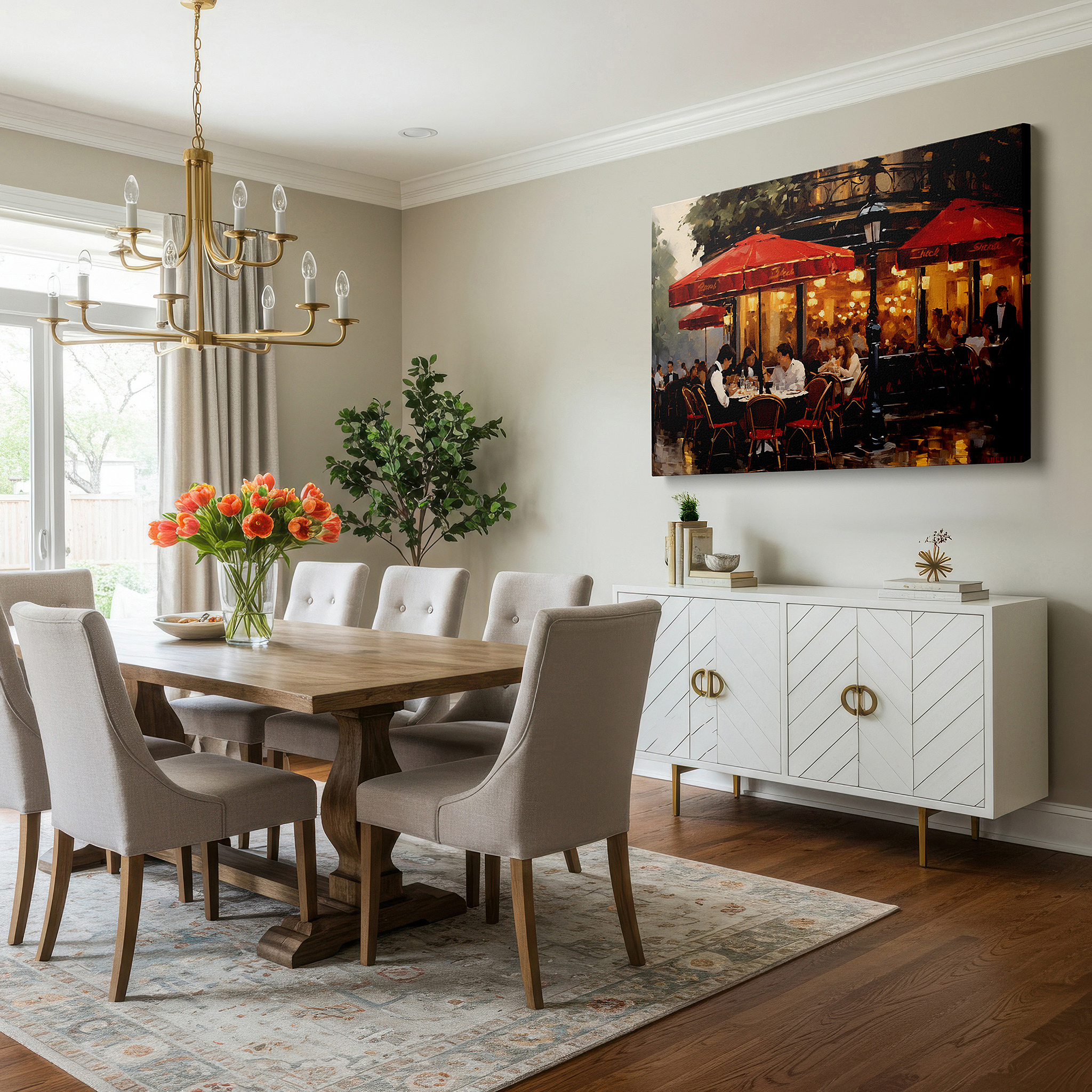 Positioned above a console table between ceramic vases — urban café beneath crimson umbrellas: a lively night of dining amidst city illuminations - oversized wall art, canvas art, decorative wall art, office and bedroom decor