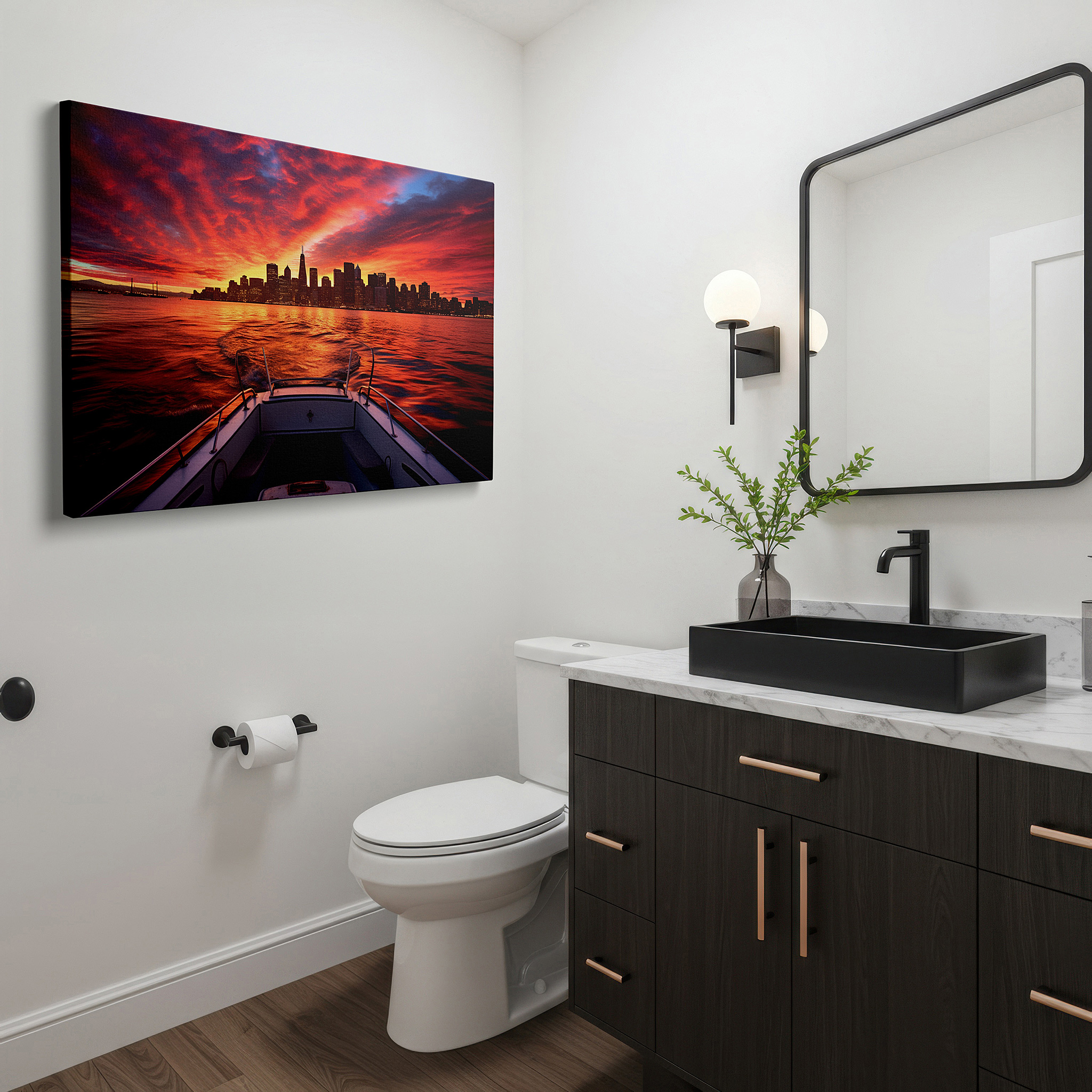 Positioned above a console table between ceramic vases — urban sunset and serene waters: a vivid skyline and nature's tranquil beauty - large wall art, canvas wall art, wall decor for office and bedroom
