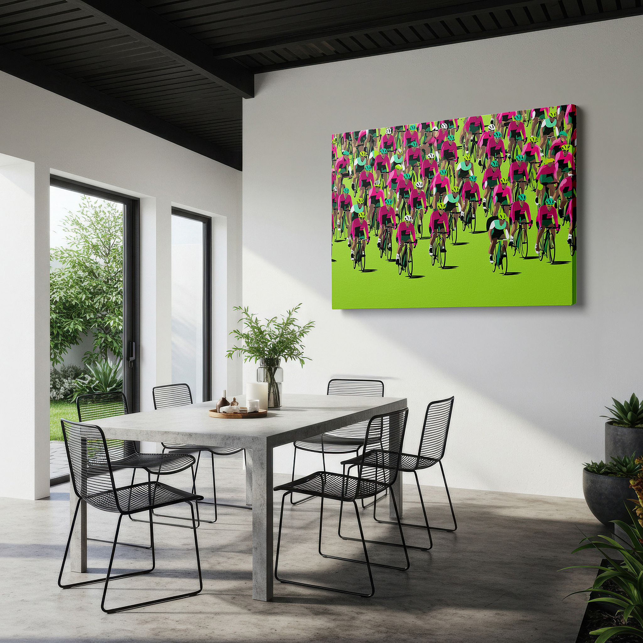 Positioned above a console table between ceramic vases — vibrant cycling race wall art: experience the excitement and motion of sports with a lush green background, perfect for office decor