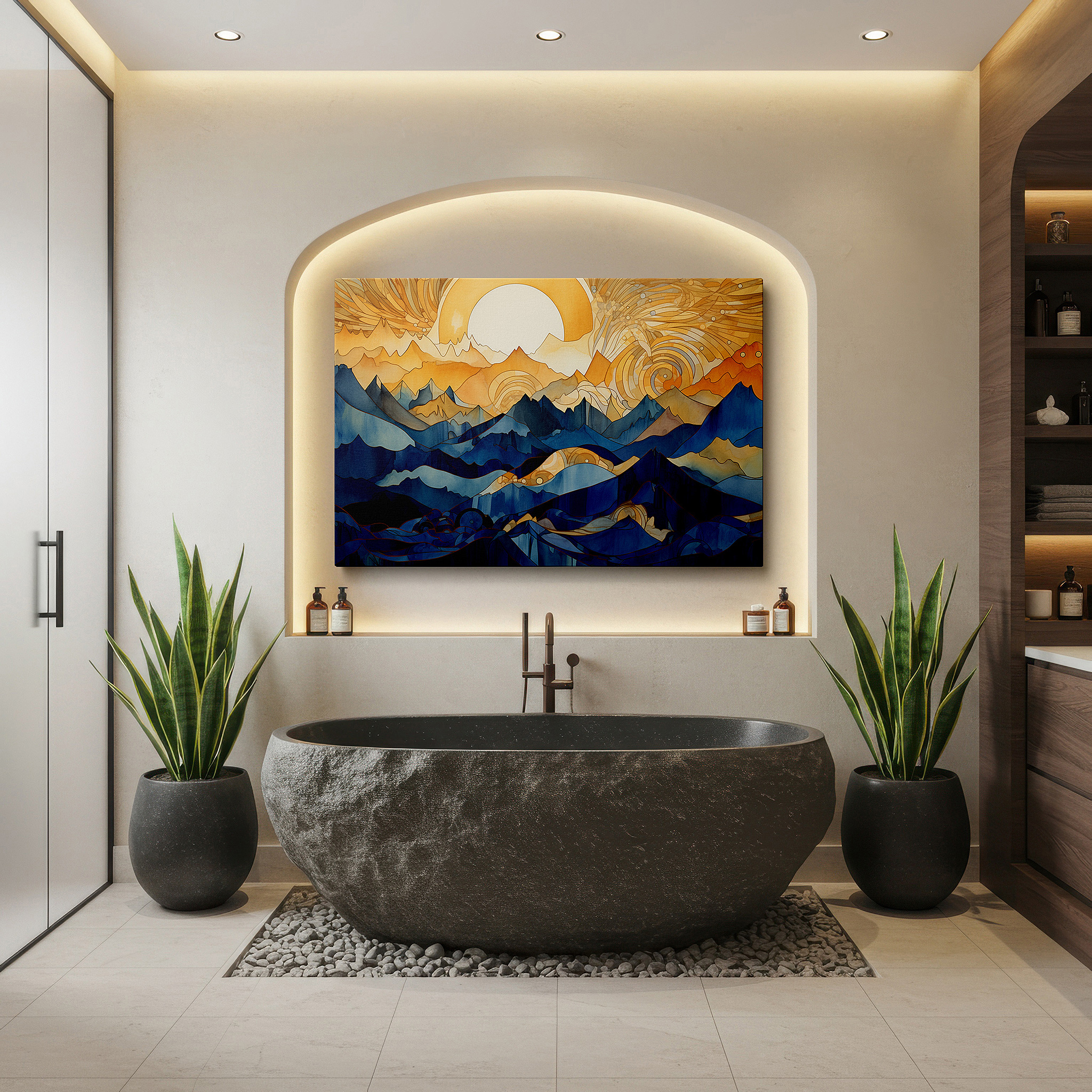 Positioned above a console table between ceramic vases — vibrant mountain landscape in bold blues and bright oranges, perfectly balancing energy and calmness, large wall art, canvas wall art