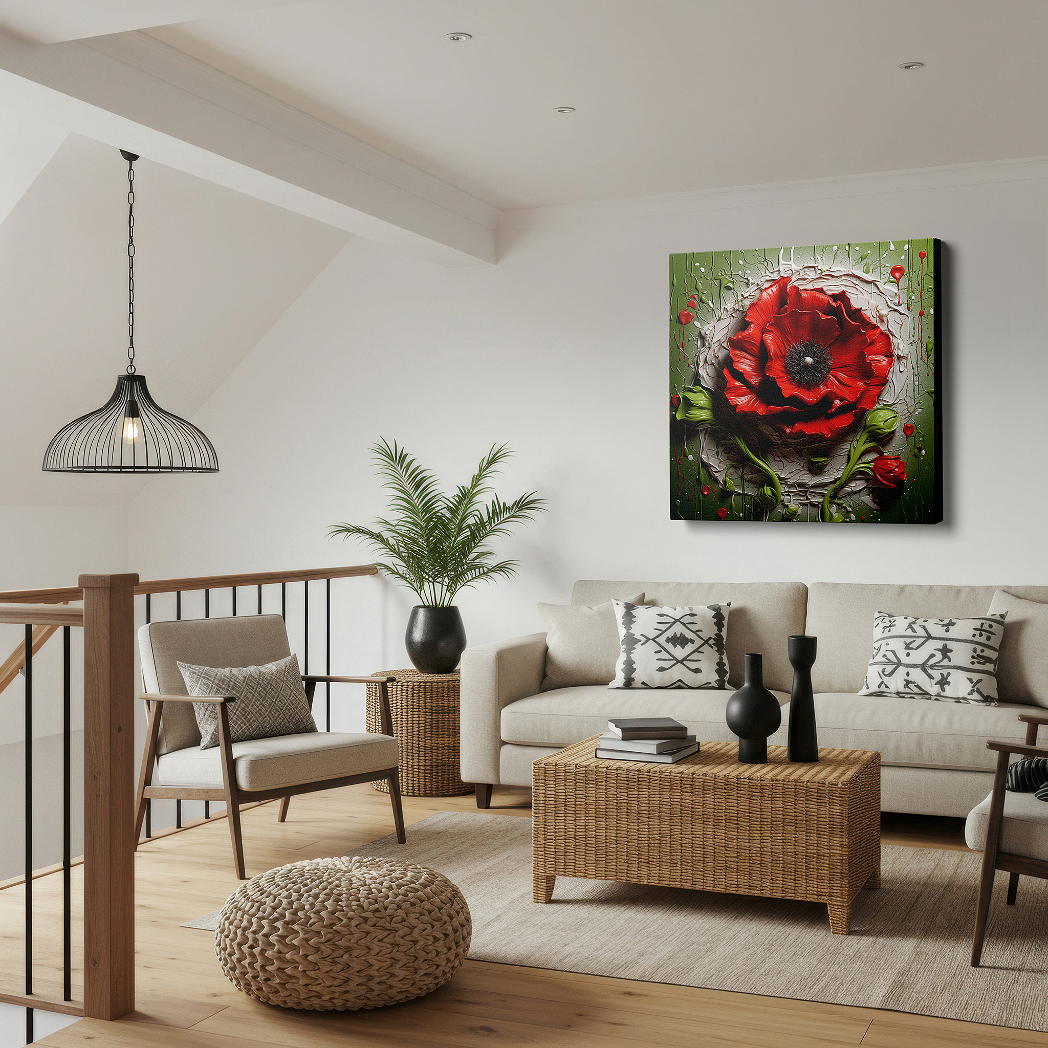 Positioned above a console table between ceramic vases — vibrant red poppy amidst chaotic paint splatters - a blend of nature and artistic expression large wall art, canvas wall art, wall decor, office wall art