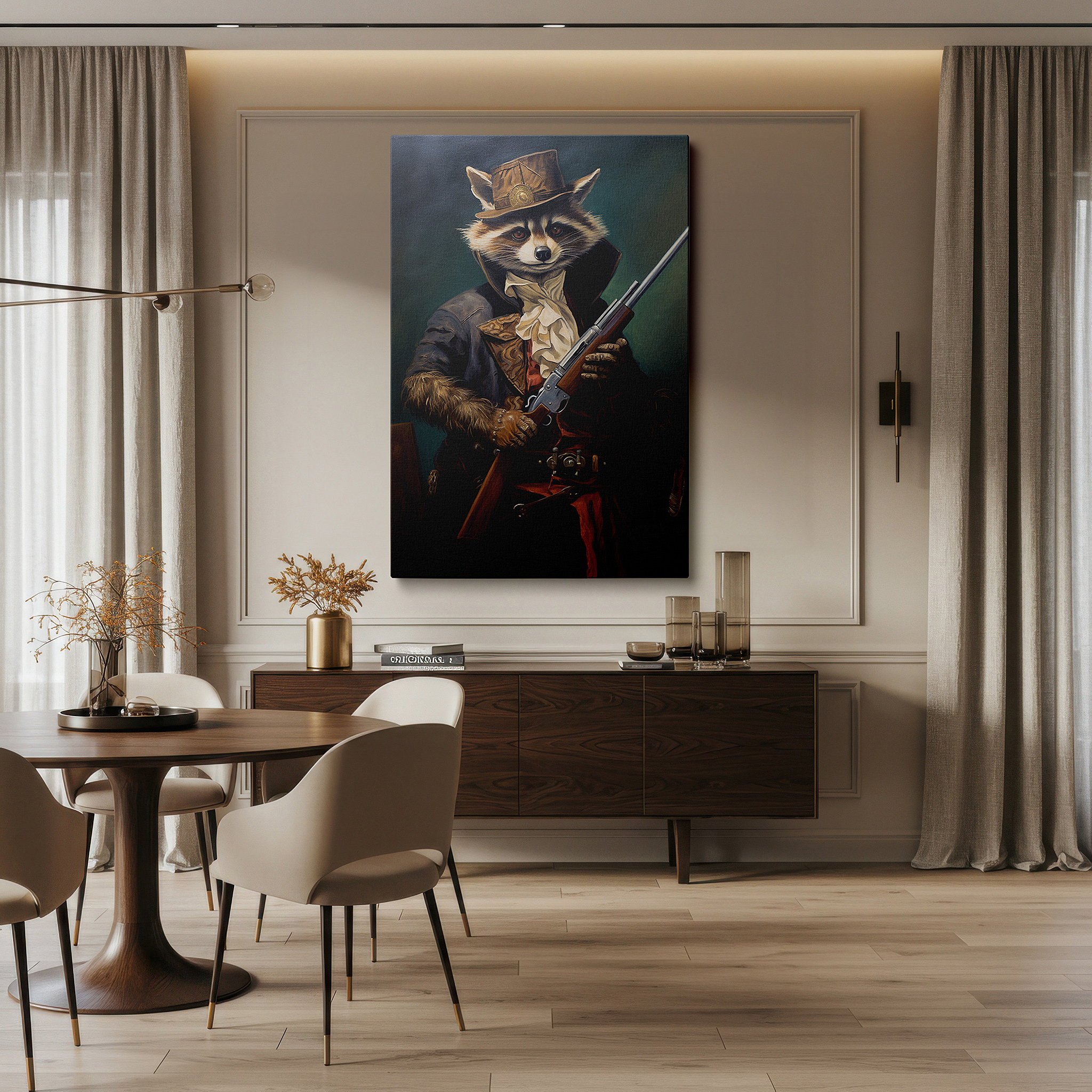 Positioned above a console table between ceramic vases — victorian-era raccoon in royal outfit with antique rifle in lush forest scene - large canvas wall art for office and bedroom decor