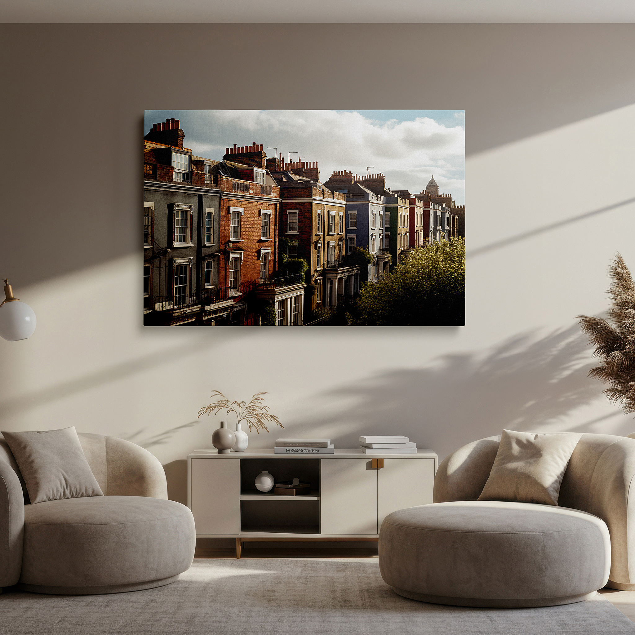 Positioned above a console table between ceramic vases — victorian houses bathed in late afternoon sunlight: a tapestry of urban nostalgia and warmth - large wall art, canvas wall art, wall decor for office
