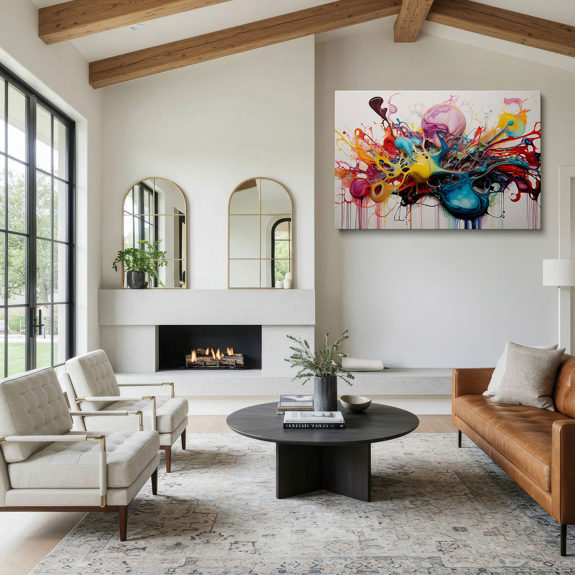Positioned above a console table between ceramic vases — wall art: a captivating journey through color and shape in modern