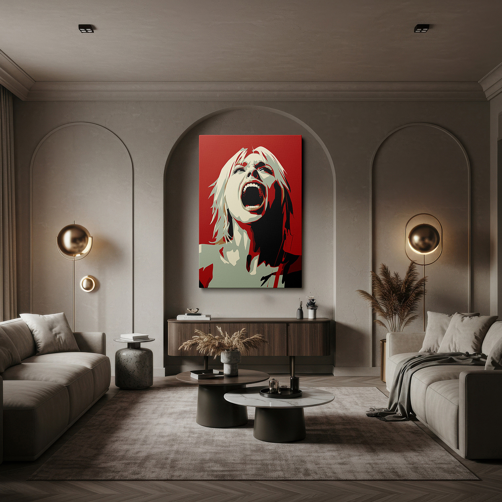 Positioned above a console table between ceramic vases — wall art: "emotional release in red" - a vivid expression of passion and pain. large canvas wall art for office and bedroom decor.