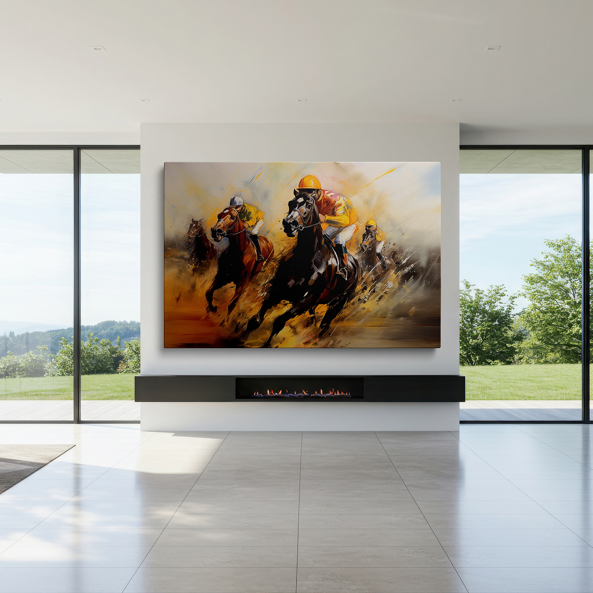 Positioned above a console table between ceramic vases — wall art: exciting horse racing scene depicting intense rivalry and lively energy - large canvas wall art for office and bedroom decor