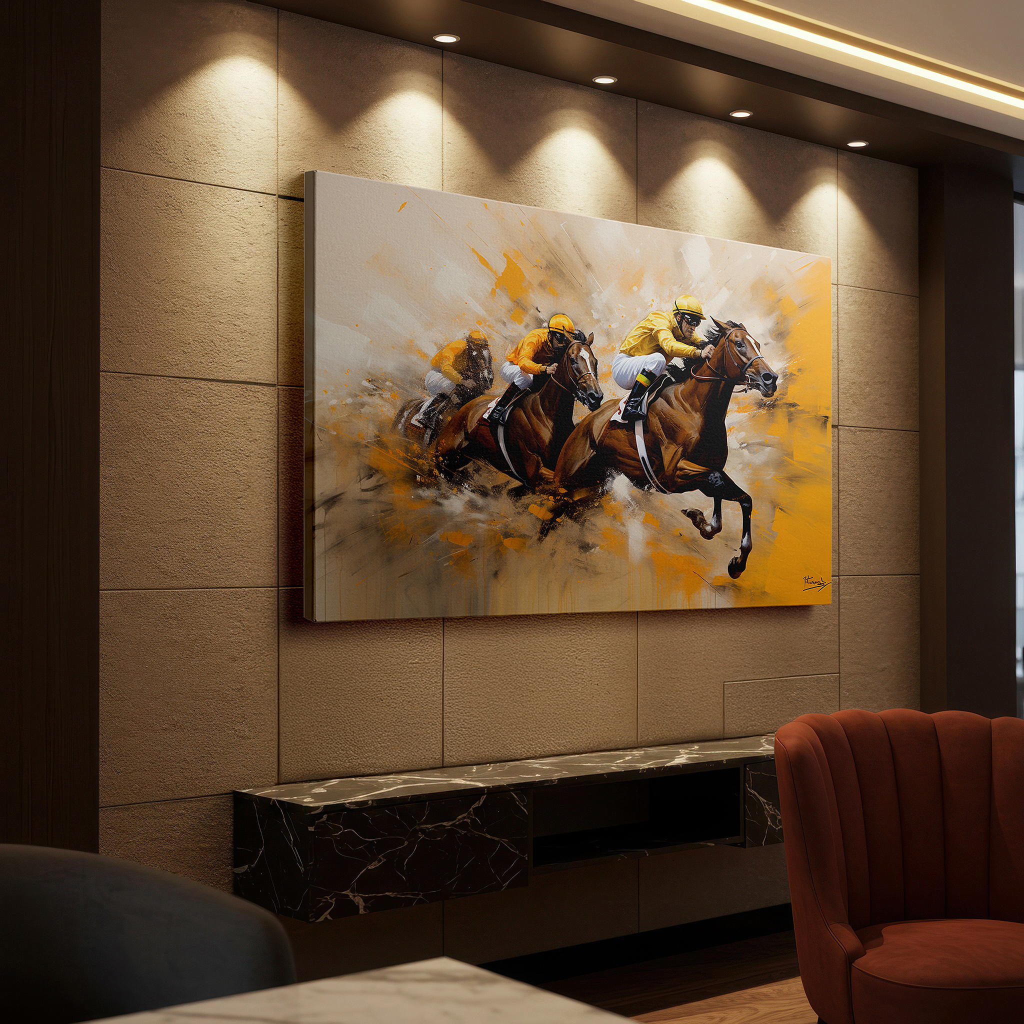 Positioned above a console table between ceramic vases — wall art: experience the excitement of race day with dynamic horse and jockey imagery - large canvas art for home and office decor, perfect for living room and bedroom