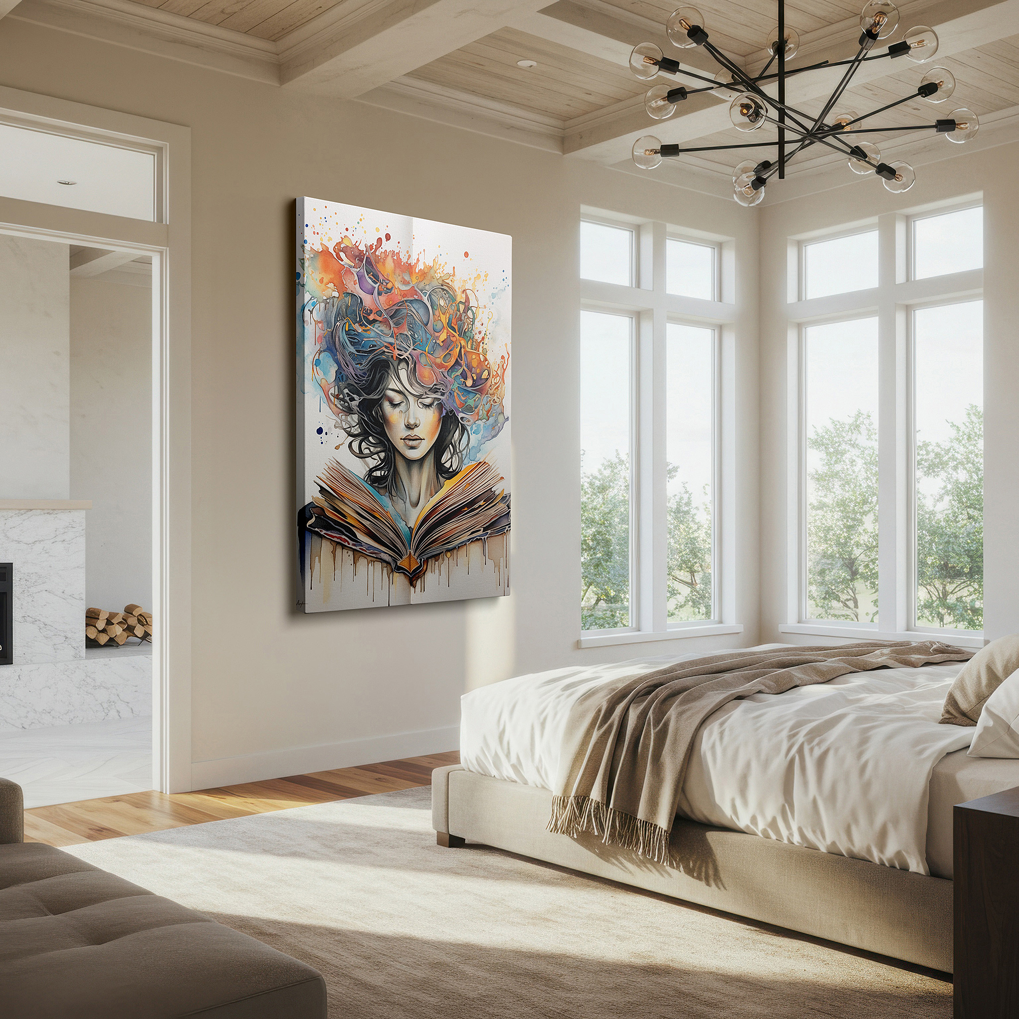 Positioned above a console table between ceramic vases — wall art: a fusion of creativity and intellect, featuring bright colors and symbolic designs - large wall art, canvas wall art, wall art decor, office wall art.