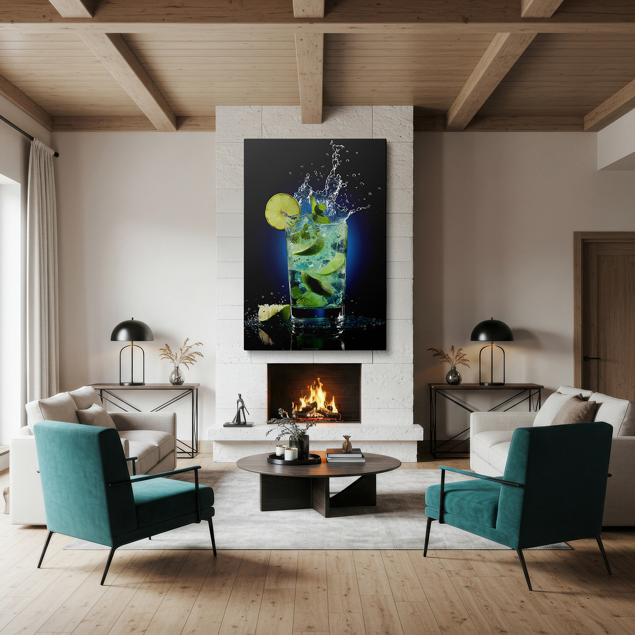 Positioned above a console table between ceramic vases — wall art: lively mojito splash - a vivid display of bubbles and light. large canvas wall art for office and bedroom decor.