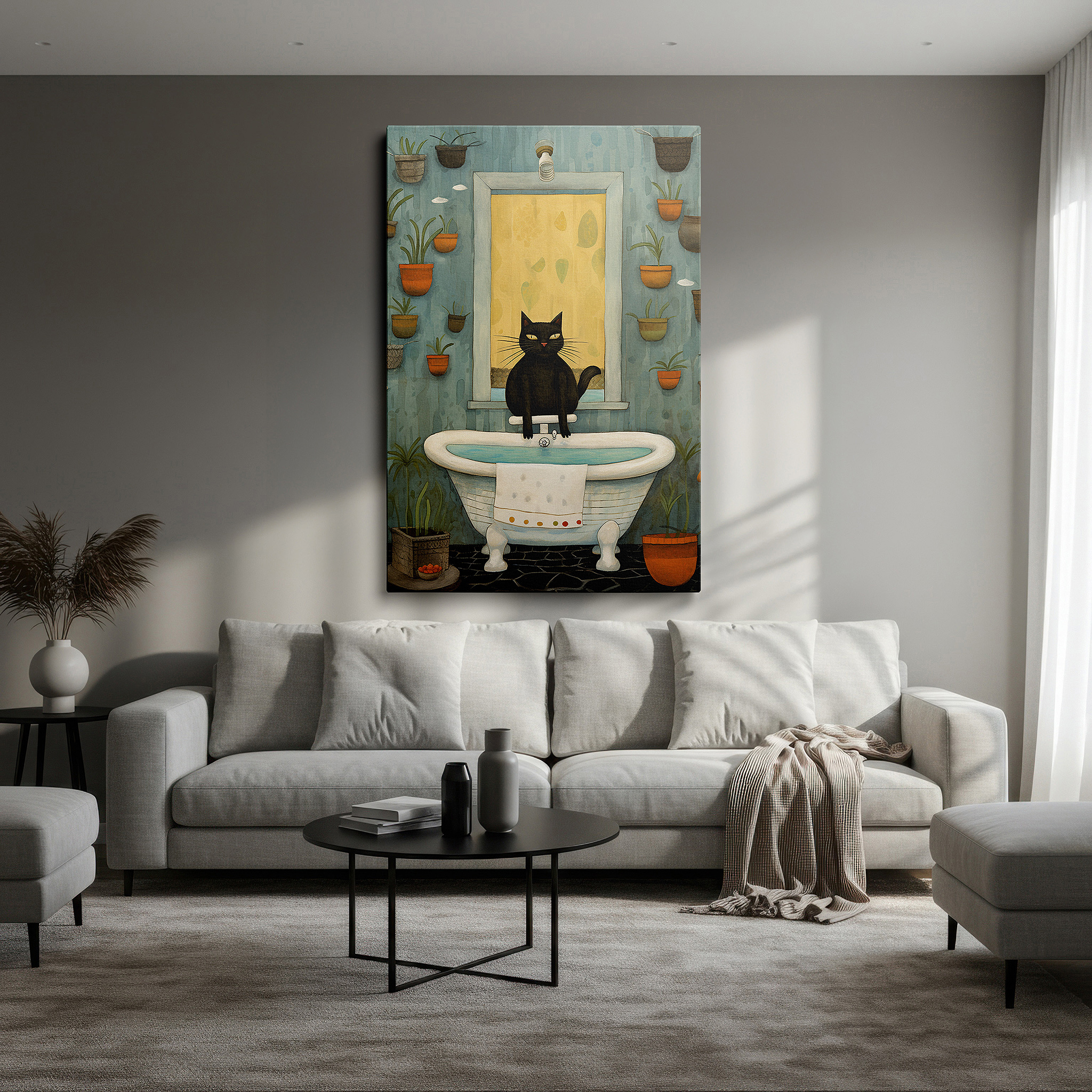 Positioned above a console table between ceramic vases — wall art: serene beauty featuring a black cat on a bathtub surrounded by verdant plants and gentle lighting - large canvas wall art for home and office decor