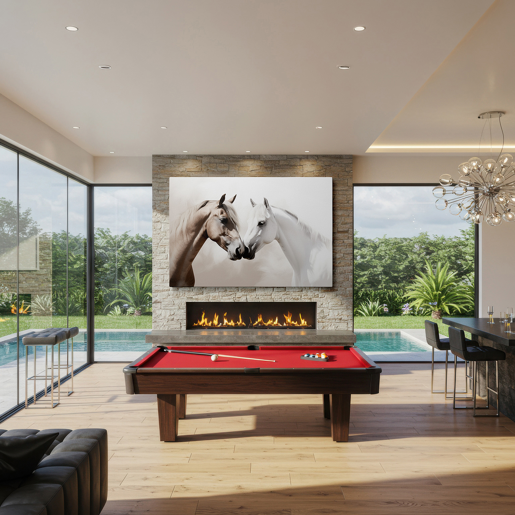 Positioned above a console table between ceramic vases — wall art: serene equine connection - tranquil imagery of two horses in a mystical landscape. large canvas wall art for home and office decor.