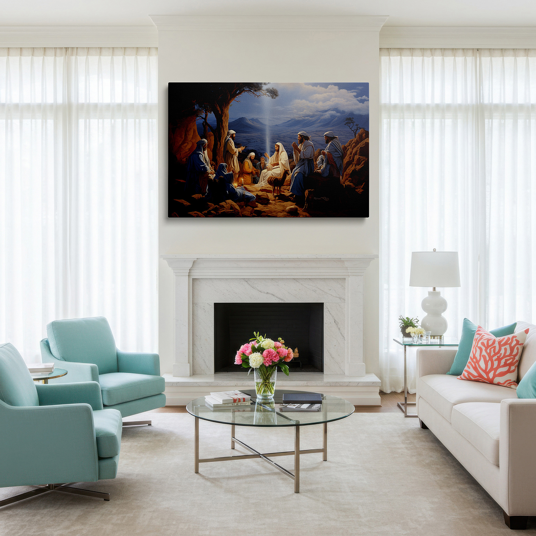 Positioned above a console table between ceramic vases — wall art: serene gathering around a wise figure, capturing a moment of spiritual awakening and collective harmony - large canvas wall art decor