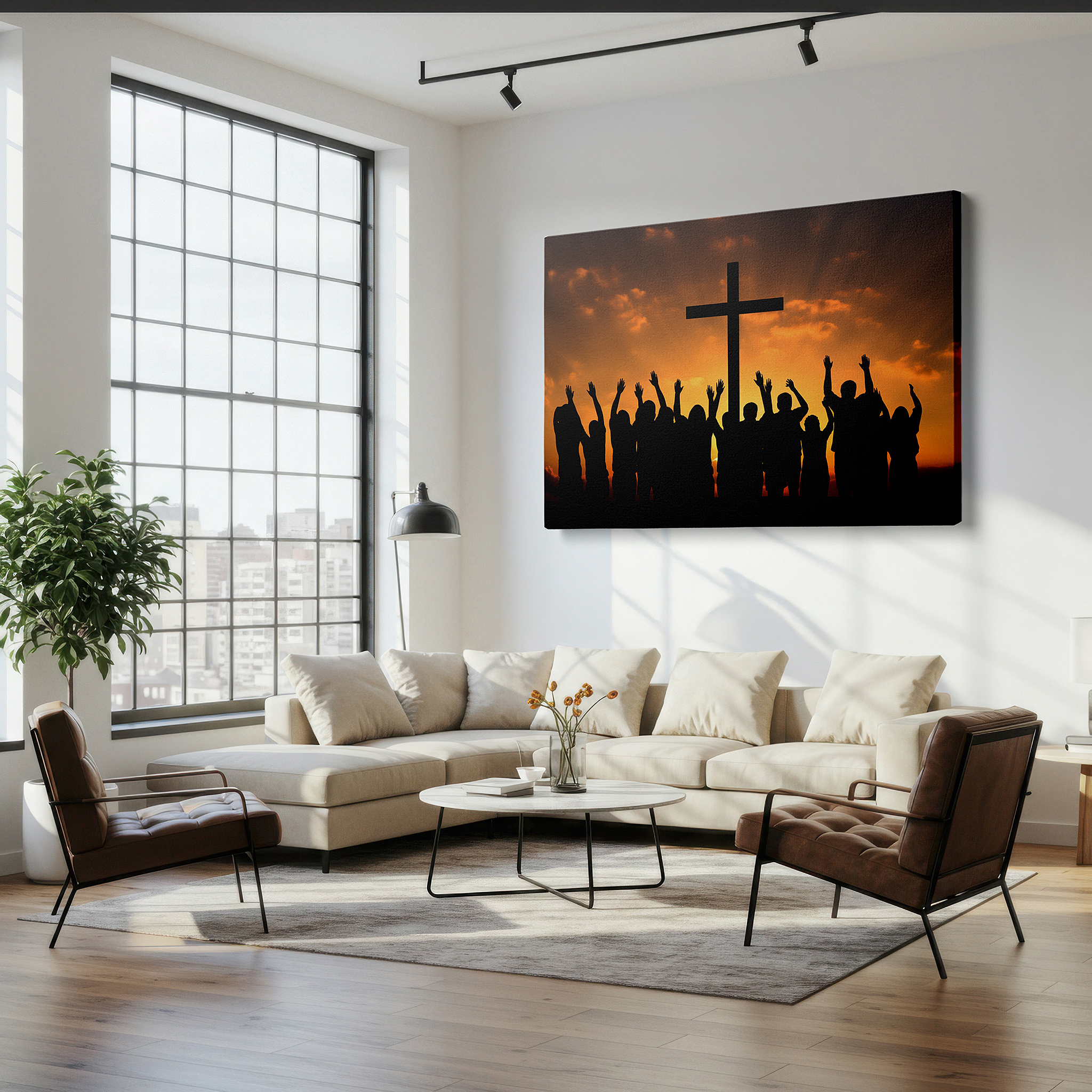 Positioned above a console table between ceramic vases — wall art: "sunset of hope and unity" featuring silhouetted figures around a cross - large canvas wall art for office and bedroom decor