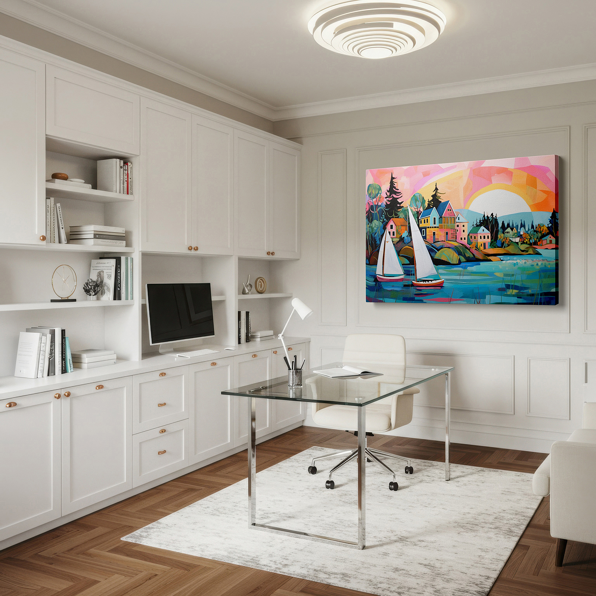 Positioned above a console table between ceramic vases — wall art: tranquil seaside landscape featuring sailboats on sparkling waters, vibrant coastal town, and grand mountains - large canvas wall art