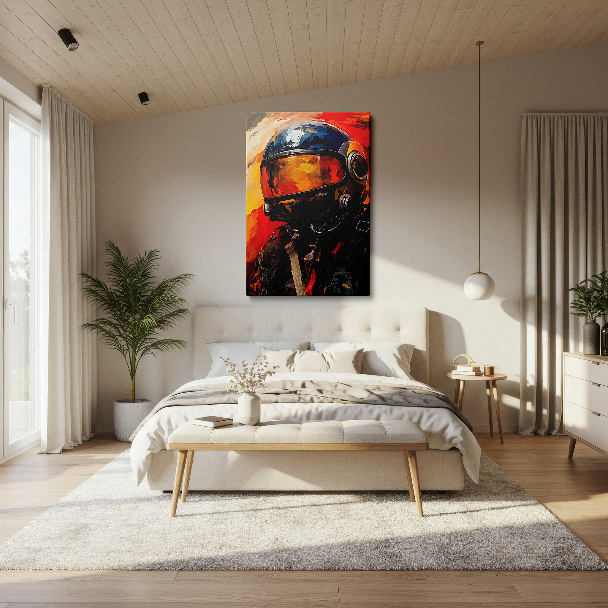 Positioned above a console table between ceramic vases — wall decor: advanced aviation and exploration, pilot with modern helmet against a fiery sky, large canvas wall art for office decor