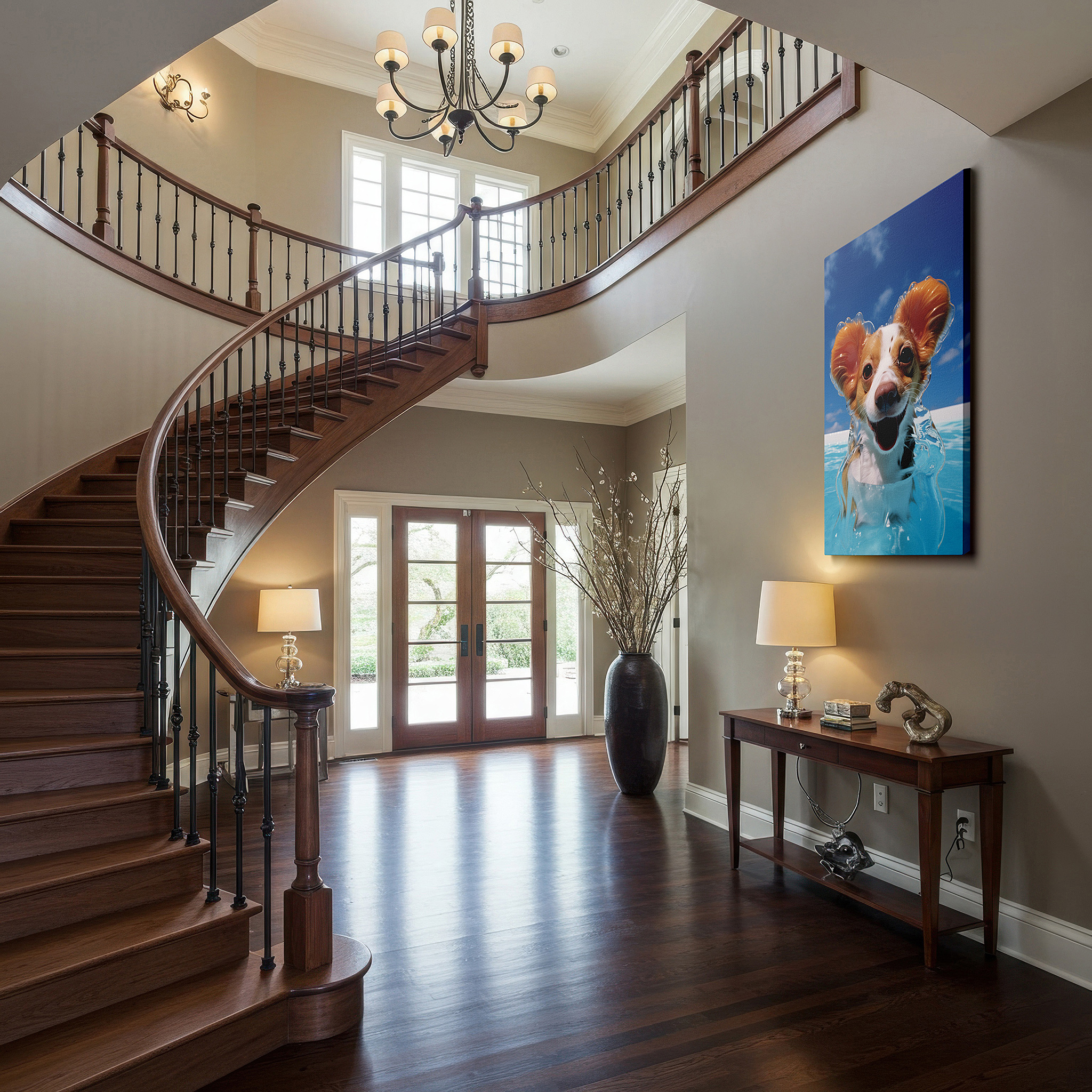 Positioned above a console table between ceramic vases — wall decor: joyful dog frolicking in a sunny pool - a tribute to summer fun and vibrant energy, large canvas wall art for home and office decor