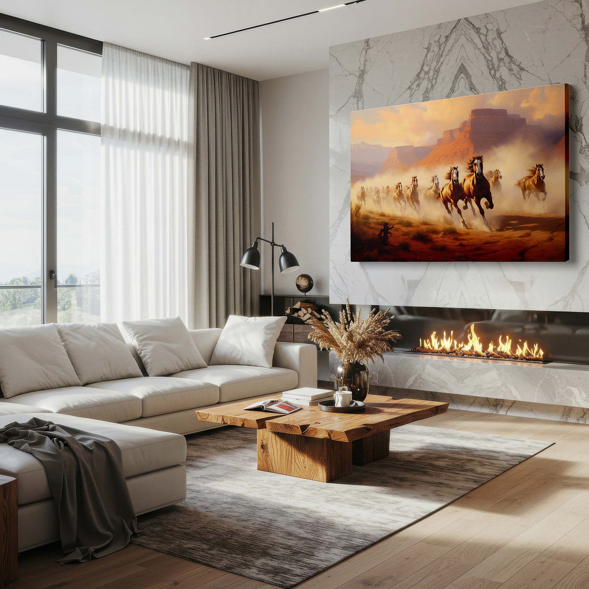 Positioned above a console table between ceramic vases — wild horses running in majestic canyon, sunlit dust enhances natural beauty, large wall art, canvas wall art, wall decor, office art