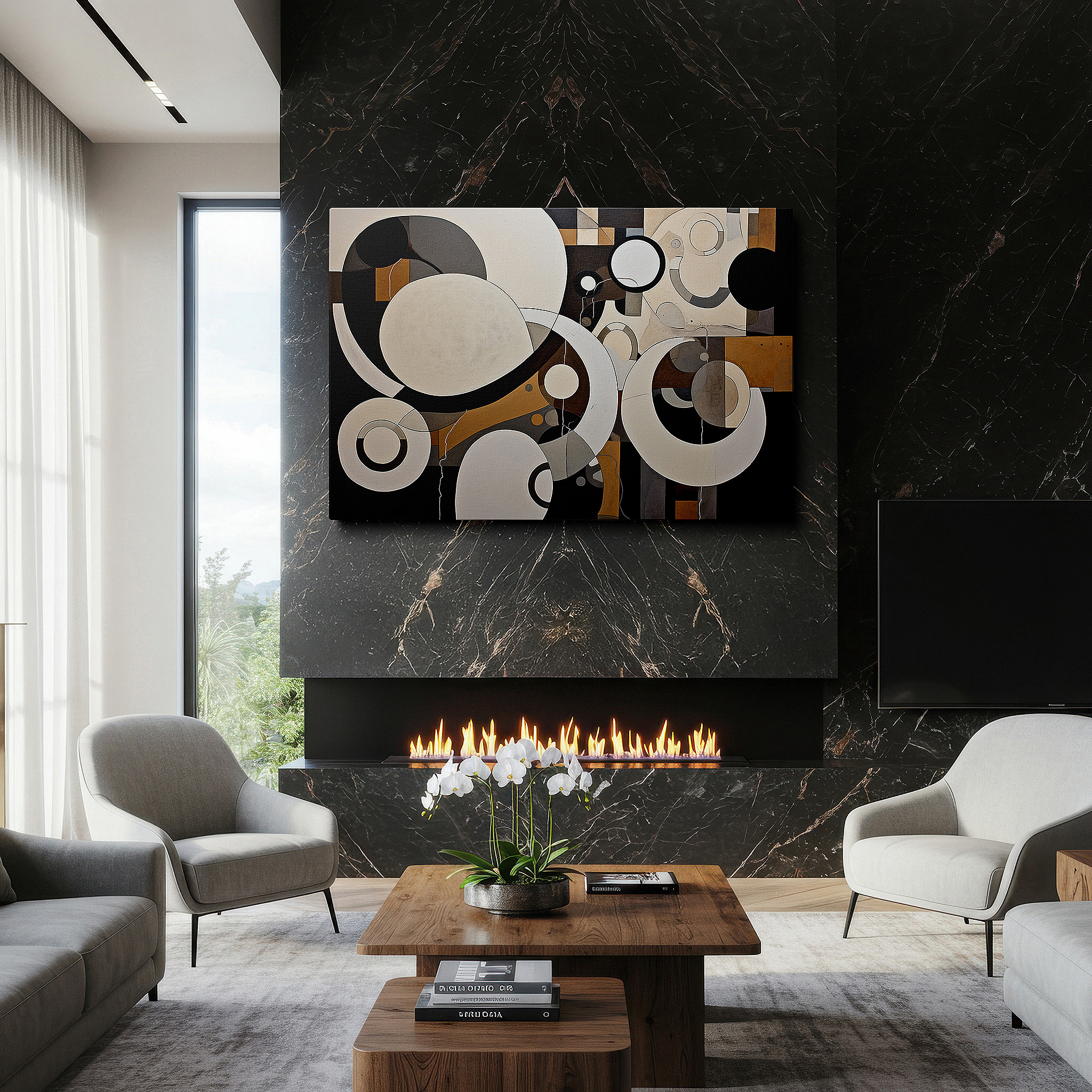 Presented on a clean white gallery wall with ample space — abstract artistry and geometric precision combine in this enthralling large wall art for modern spaces, perfect as canvas wall art or office wall decor
