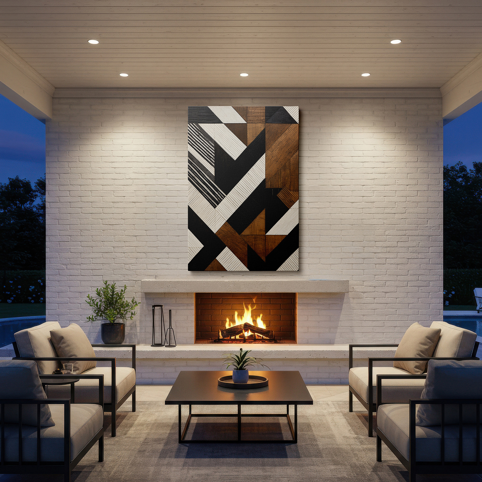 Presented on a clean white gallery wall with ample space — abstract geometric shapes in black, white, and brown featuring bold contrasts and textural depth, large canvas wall art decor