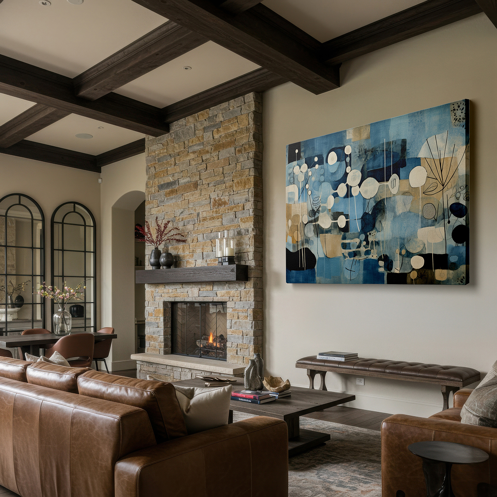 Presented on a clean white gallery wall with ample space — abstract symphony in blue: ocean and sky, large canvas wall art for home and office decor