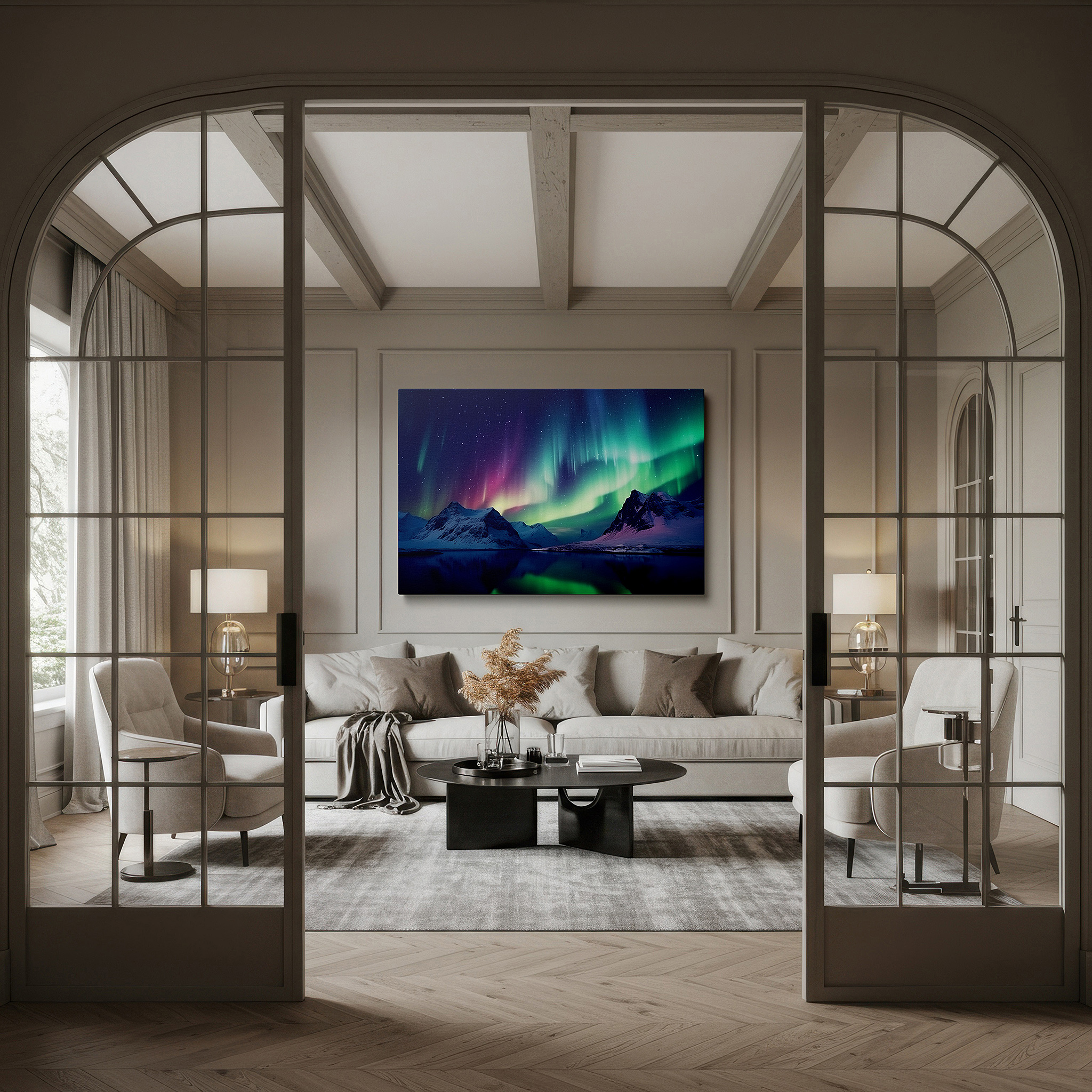 Presented on a clean white gallery wall with ample space — aurora borealis over snow-capped mountains and tranquil lake reflection large canvas wall art for home and office decor