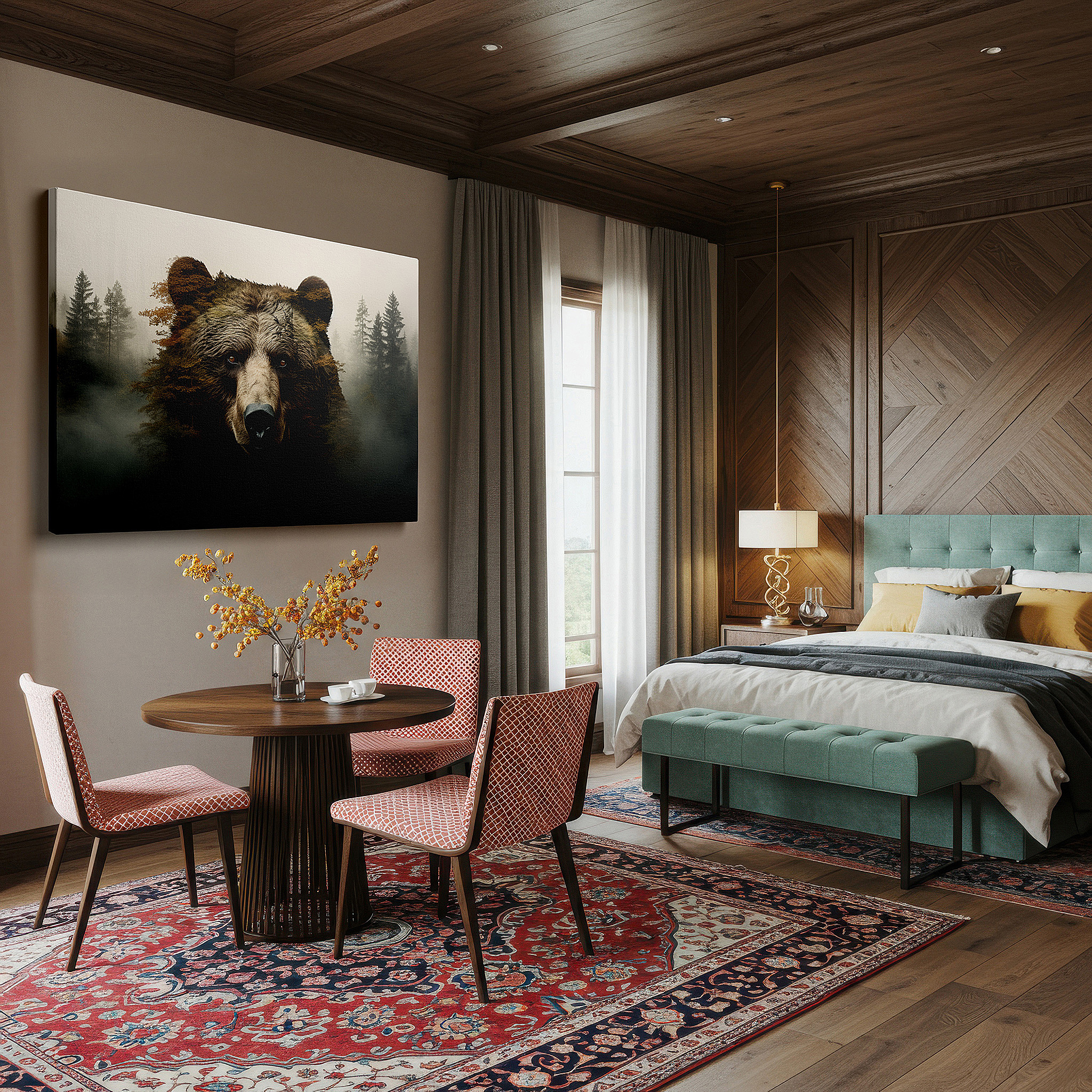 Presented on a clean white gallery wall with ample space — bear emerging from a misty forest: a perfect fusion of wild spirit and peaceful woods - large canvas wall art for home and office decor