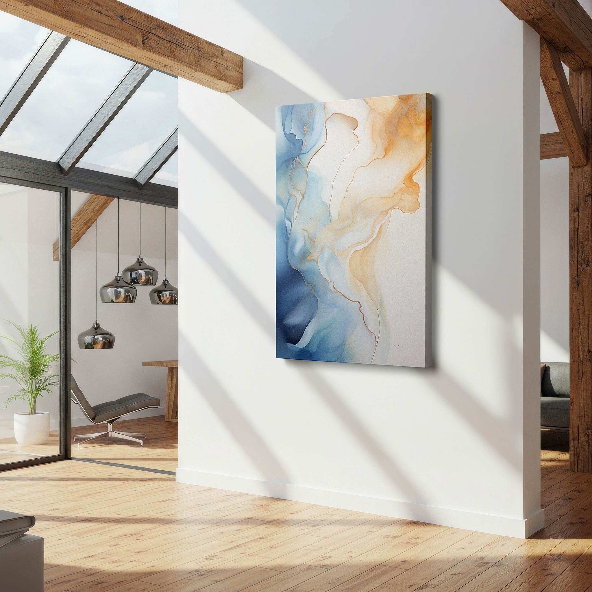 Presented on a clean white gallery wall with ample space — blue and gold symphony of serenity: a visual journey of emotion and elegance - large canvas wall art for office decor