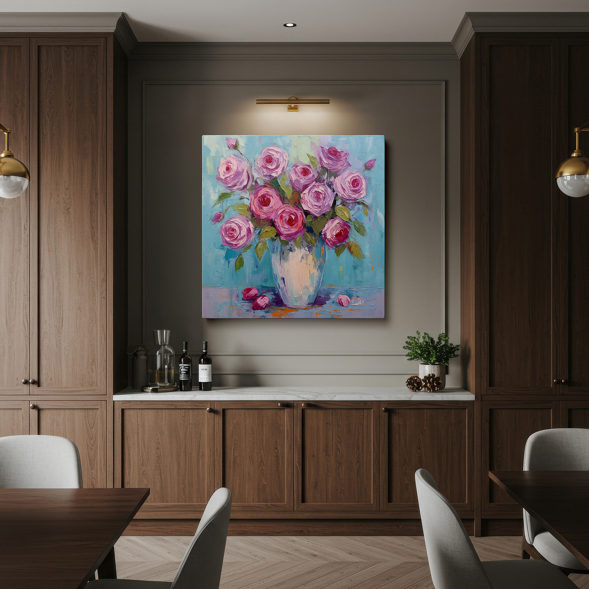 Presented on a clean white gallery wall with ample space — blush pink roses in serene blue large canvas wall art for office, bedroom, and living room decor