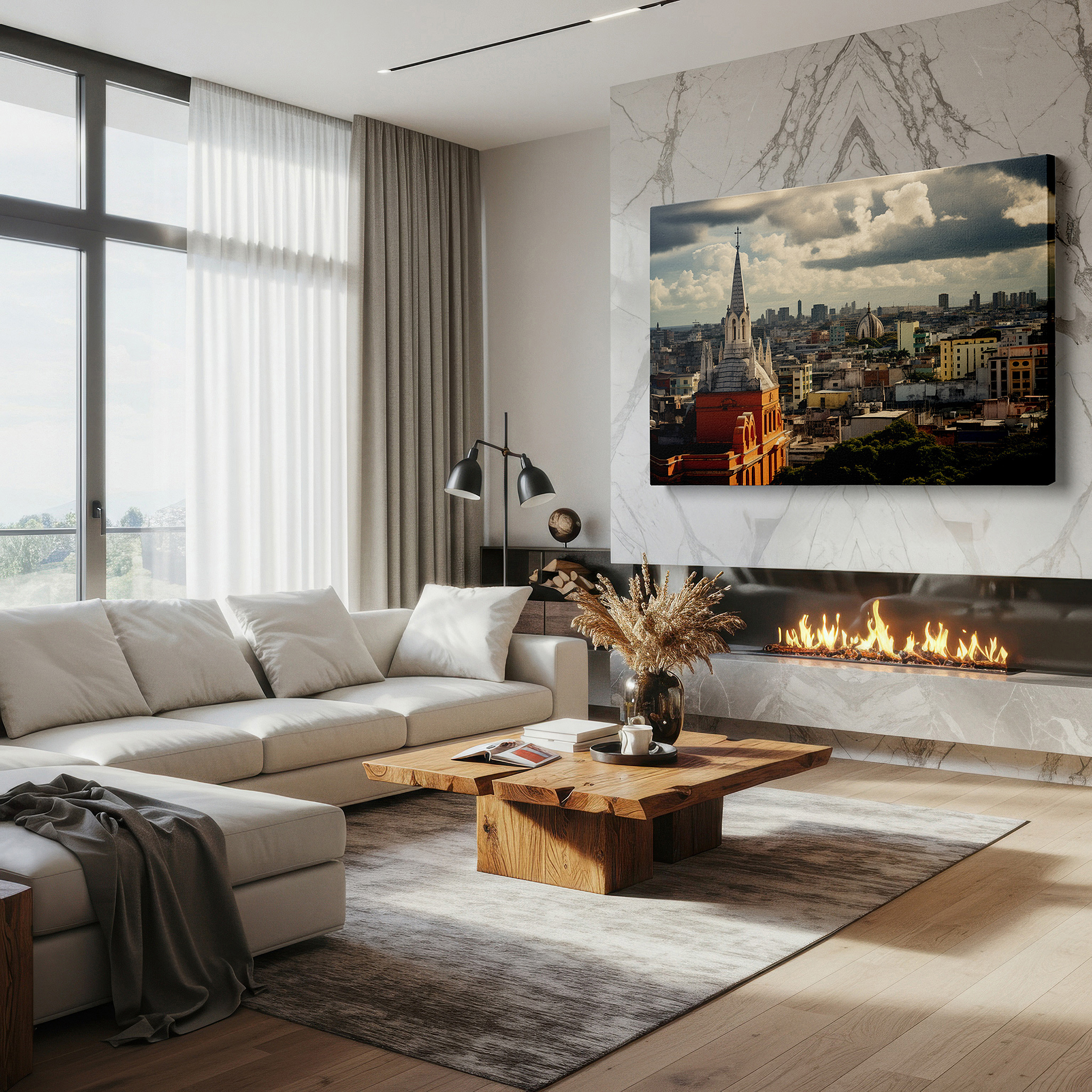 Presented on a clean white gallery wall with ample space — cityscape fusion: historical architecture and dynamic skies - large canvas wall art for office, bedroom, and living room decor