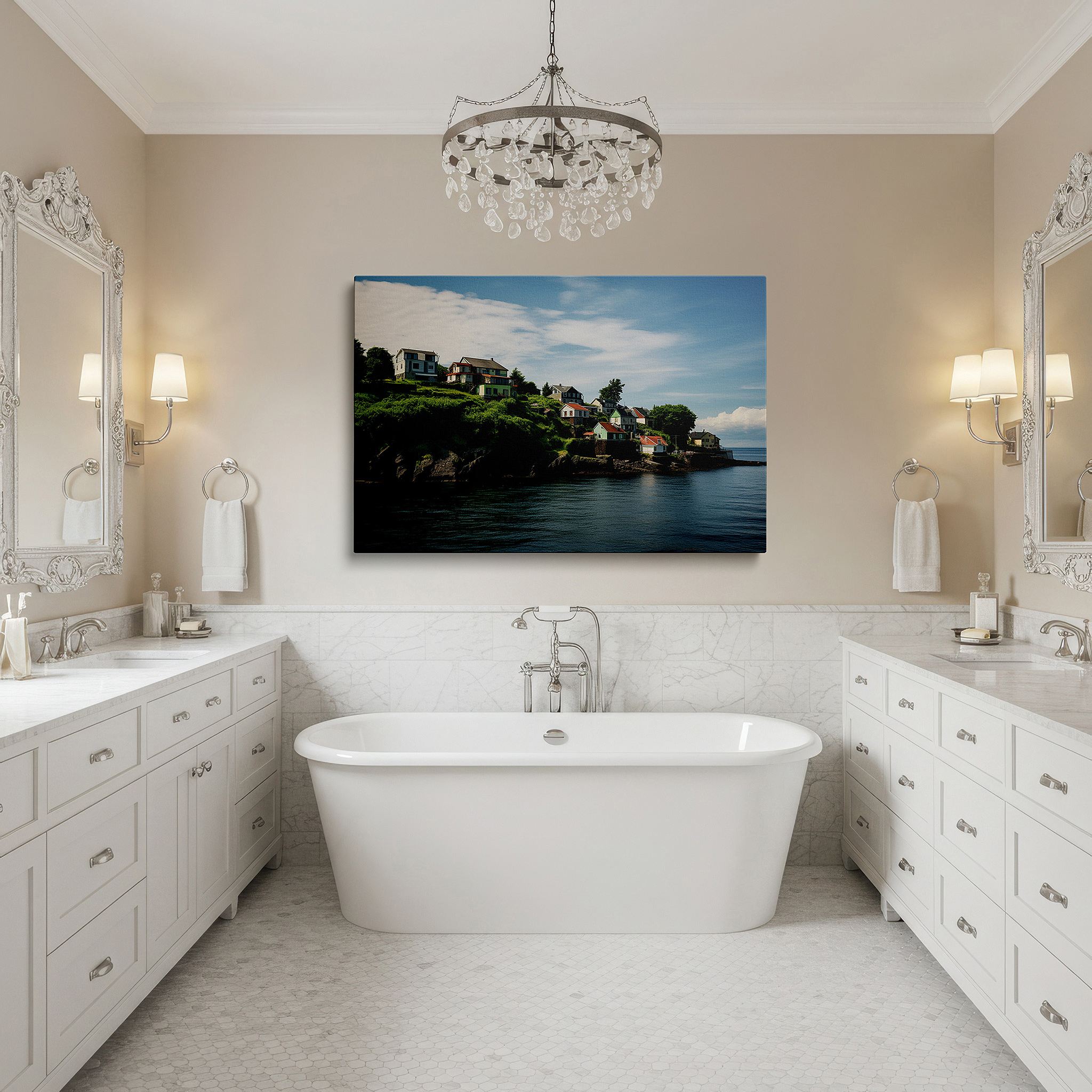 Presented on a clean white gallery wall with ample space — coastal serenity and architectural elegance in a scenic cliffside village: large wall art, canvas wall art, wall decor for offices and bedrooms