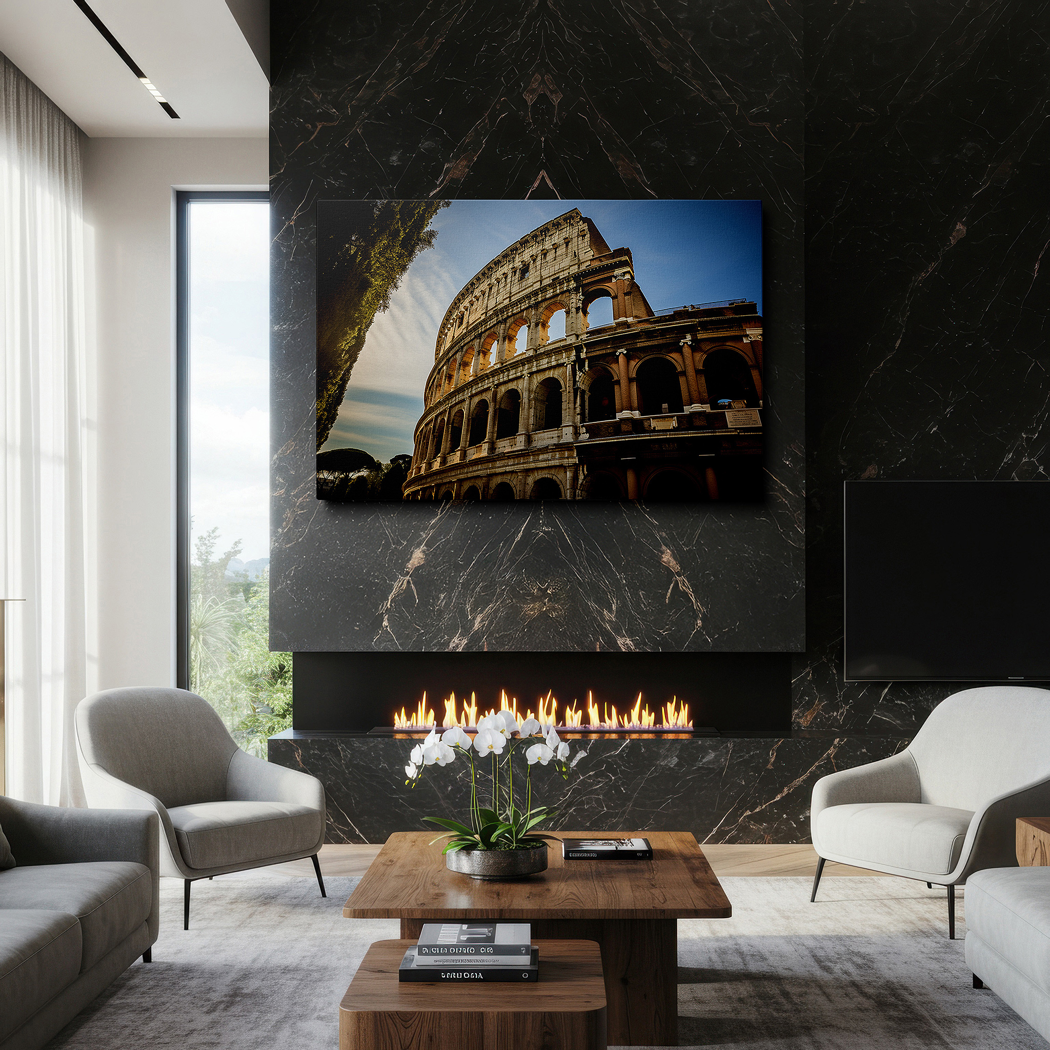 Presented on a clean white gallery wall with ample space — colosseum daytime splendor: a journey through rome's storied past - large canvas wall art for office and bedroom decor