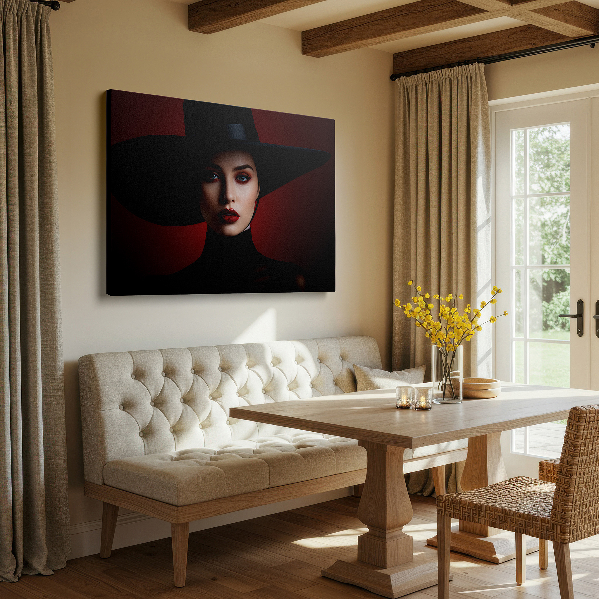 Presented on a clean white gallery wall with ample space — contemporary chic: striking large wall art featuring a bold model in a black hat and red makeup, perfect for office or bedroom decor