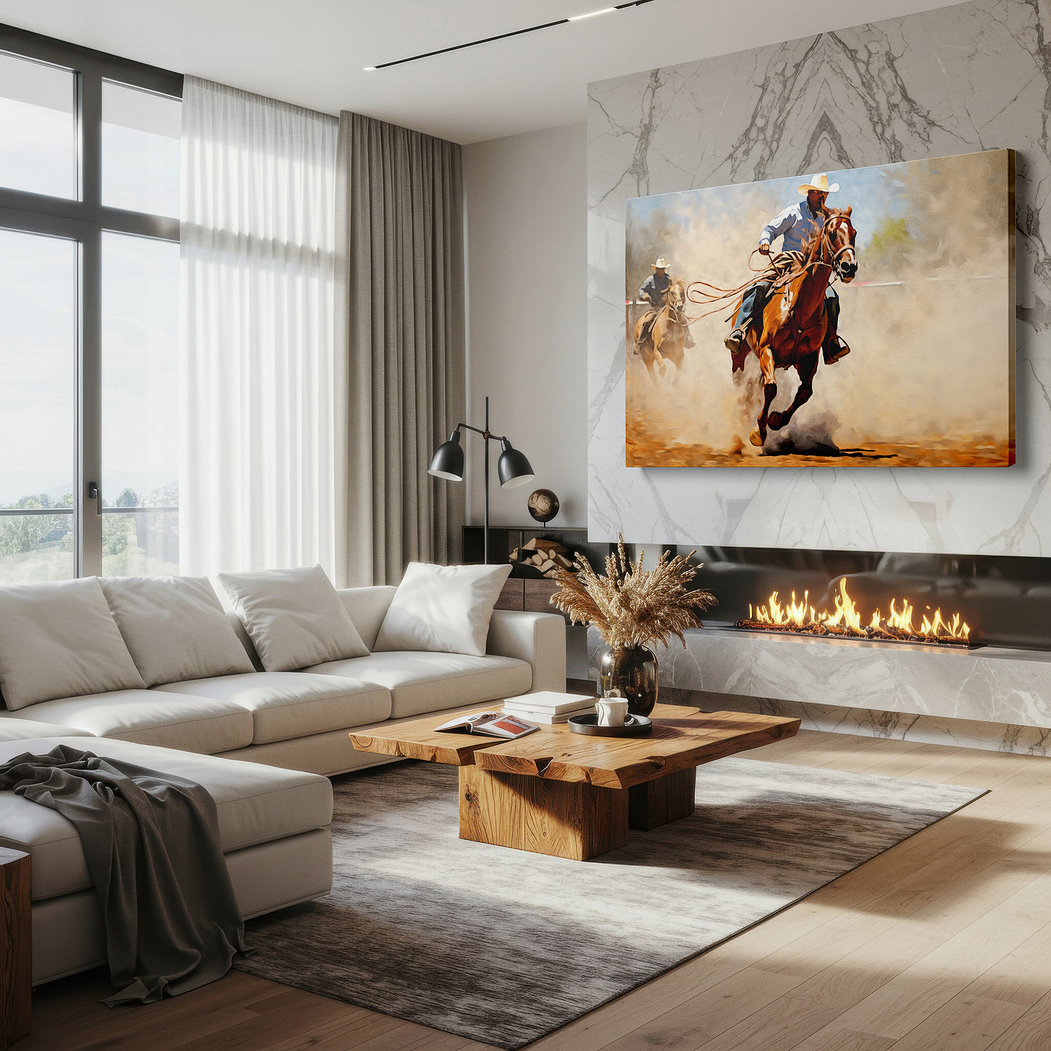 Presented on a clean white gallery wall with ample space — cowboy's wild ride rodeo thrills large wall art, canvas wall decor for office and bedroom, featuring dust and cheers