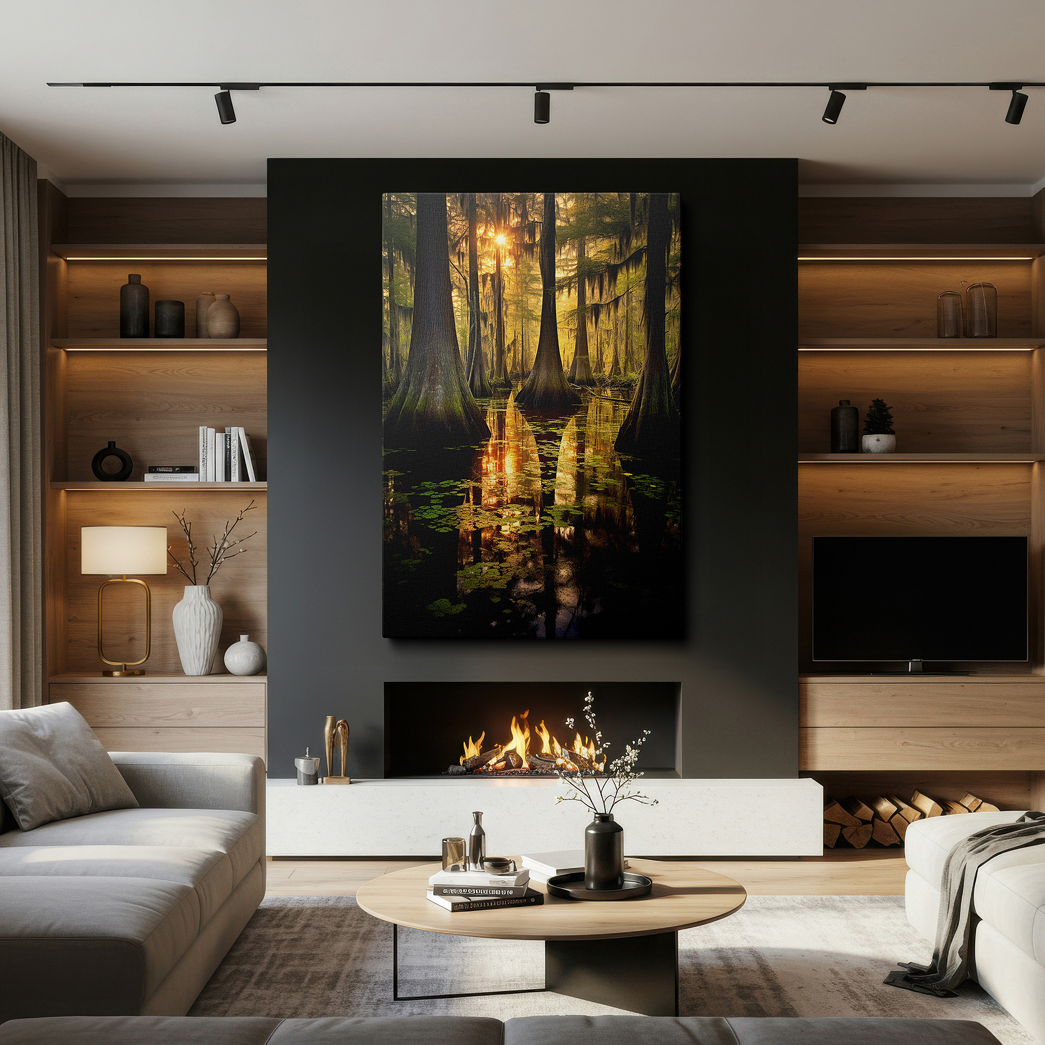 Presented on a clean white gallery wall with ample space — cypress swamp at sunset - serene nature reflections large wall art, canvas wall art, wall decor for office and bedroom