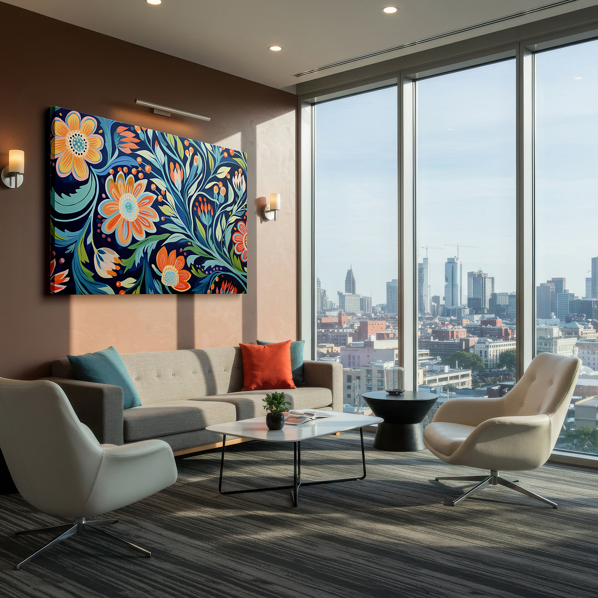 Presented on a clean white gallery wall with ample space — dusk in floral paradise - serene and cheerful garden escape wall art for any room, large canvas art, office decor