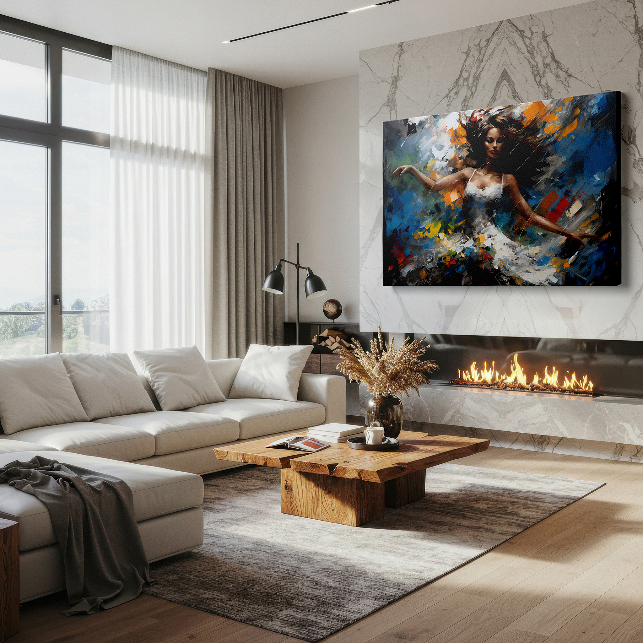Presented on a clean white gallery wall with ample space — elegant dancer in motion: a vibrant tribute to artistic liberty and emotional expression - large wall art, canvas wall art, wall decor for office
