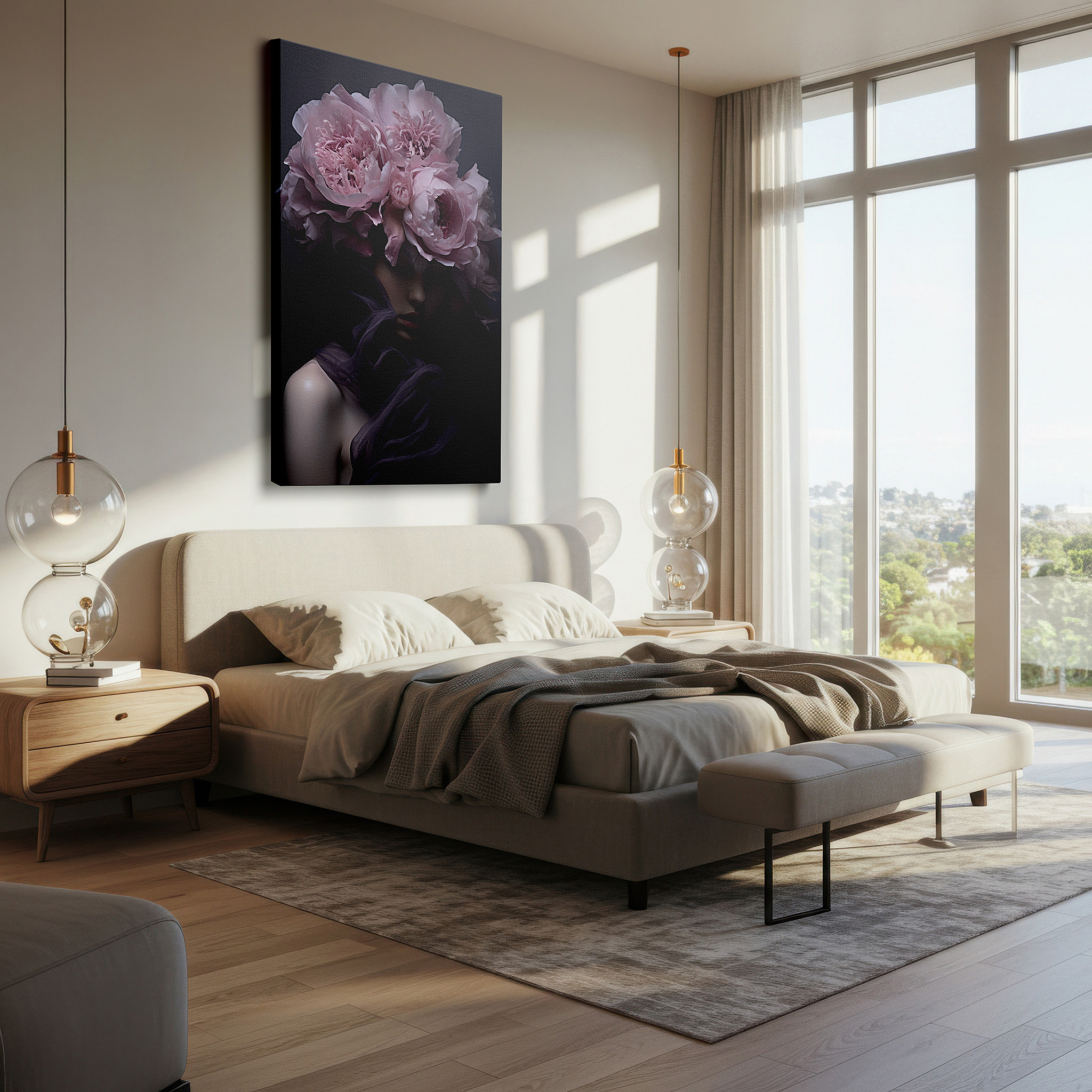 Presented on a clean white gallery wall with ample space — elegant pink floral crown wall art - large canvas for bedroom, living room, or office decor